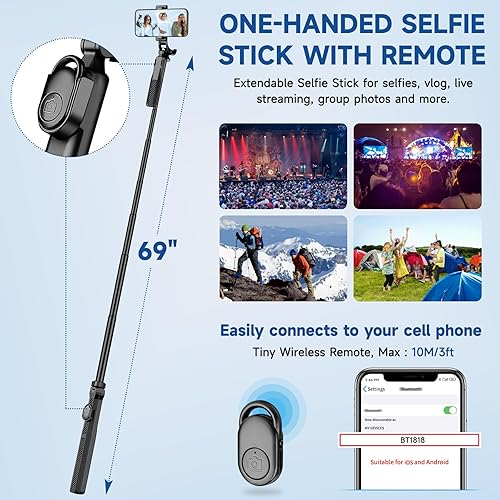 Miniatura 2 de Trípode para teléfono, trípode para selfie stick de 69 pulgadas para iPhone con control remoto, trípode de viaje ligero y rotación de 360,
