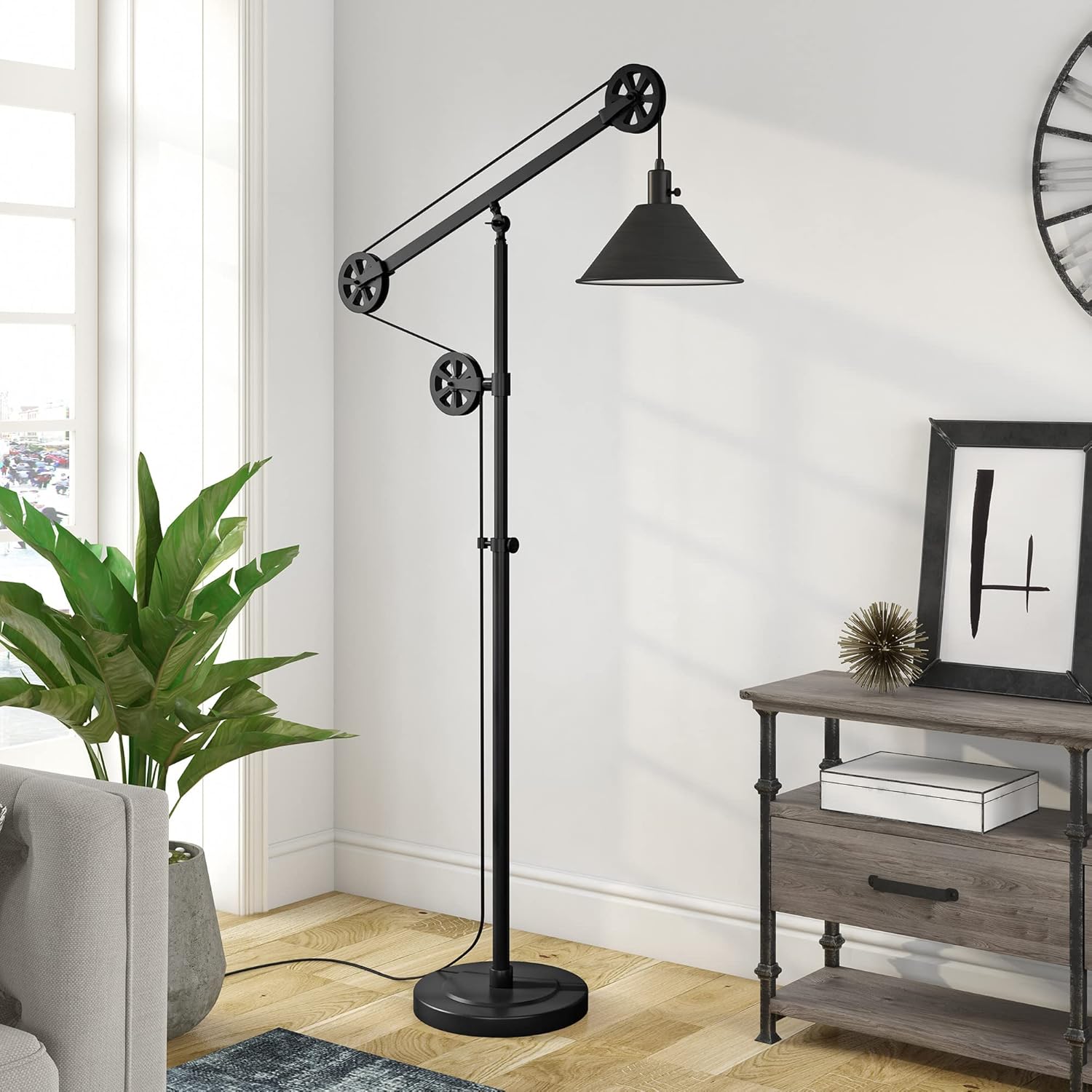 Henn&Hart Pulley System Floor Lamp with Metal Shade in Blackened Bronze/Blackened Bronze, Floor Lamp for Home Office, Bedroom, Living Room Floor Lamp Blackened Bronze/Blackened Bronze