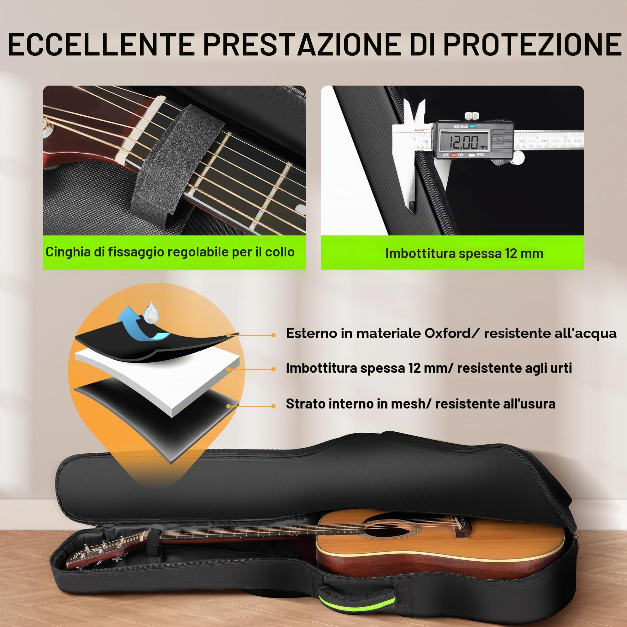 CAHAYA Custodia Softshell Imbottita per Chitarra: Adatta per chitarre acustiche da 40, 41 e 42 pollici, spessore 12 mm, con tasche anteriori, posteriori e laterali, design outdoor alla moda