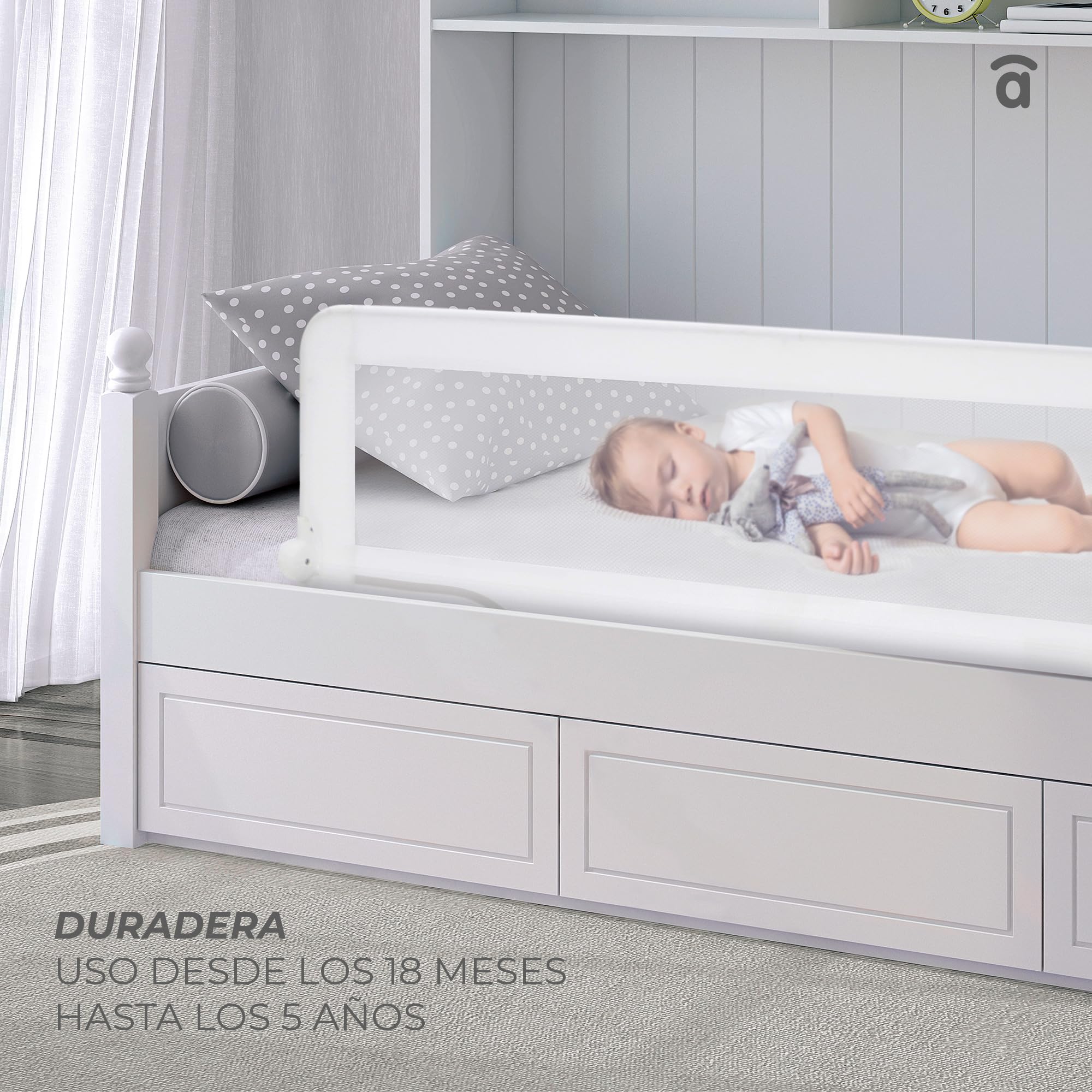 Asalvo Barrera de Cama 2 en 1 de 150 cm para Niño - Abatible con Correas Ajustables + Apta para Cama Nido + Instalación Fácil y Lavado Sencillo - Protección Segura y Estable - Blanco — view 8