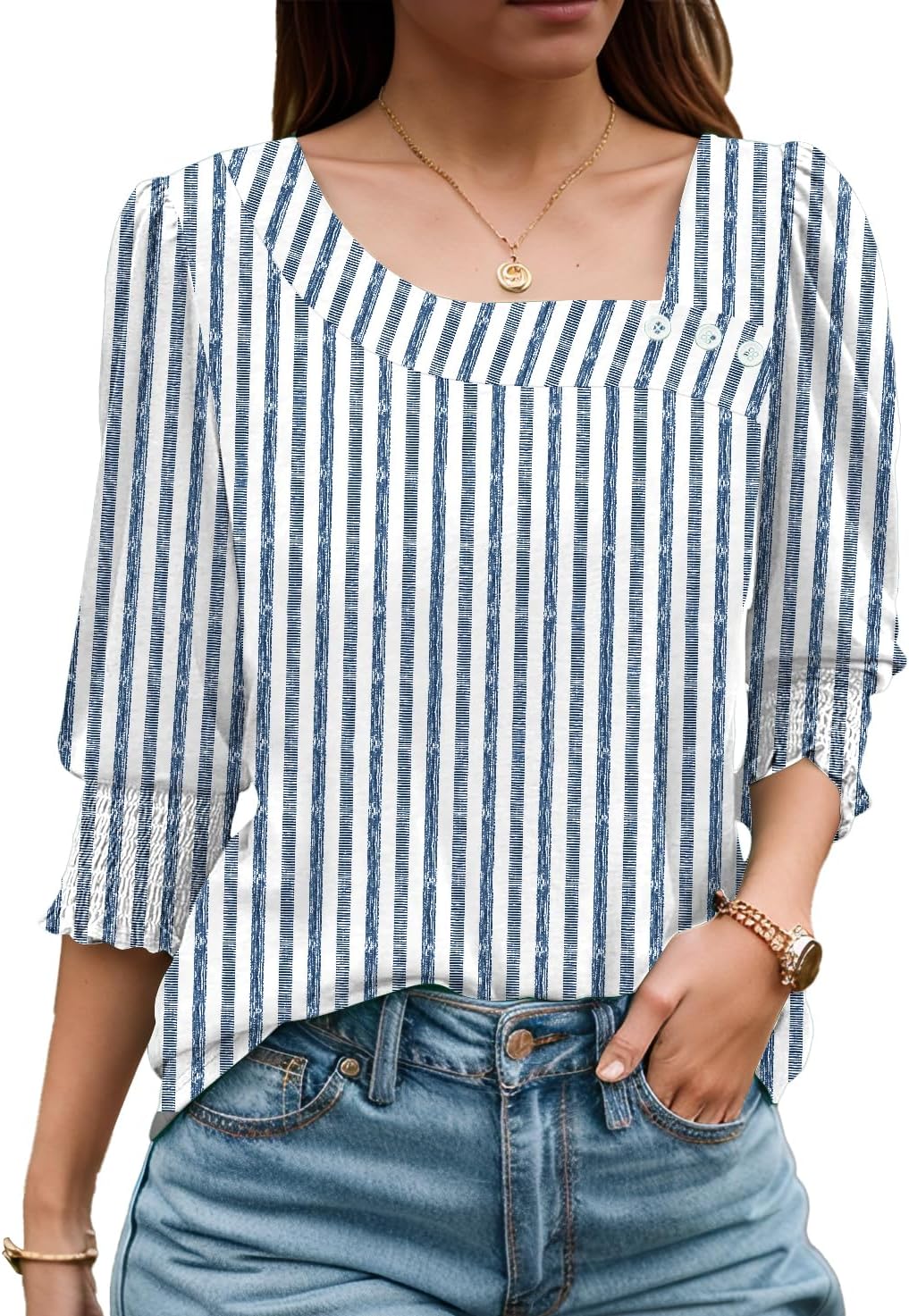 ETCYY NEW Womens Tops Dressy Casual Shirts 3/4 Length Sleeve Blouses for Women with Smocked Cuffs