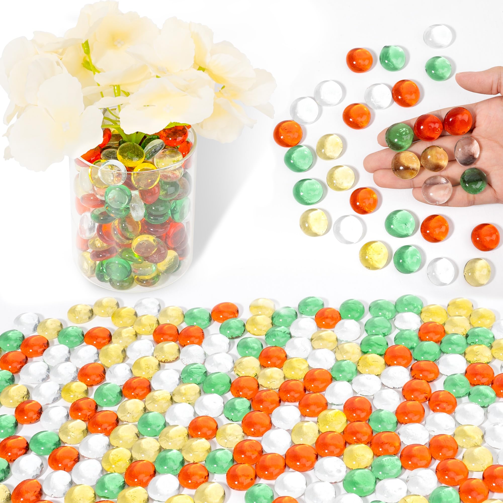 Glass Beads for Vases, 440g Mancala Stones, Decorative Vase Filler Beads Gems, Flat Marbles for Flower Holder, Crafts, Flat Glass Marbles Pebbles for Aquarium Decor, Fish Tank Decorations, O-G-Y-Clr