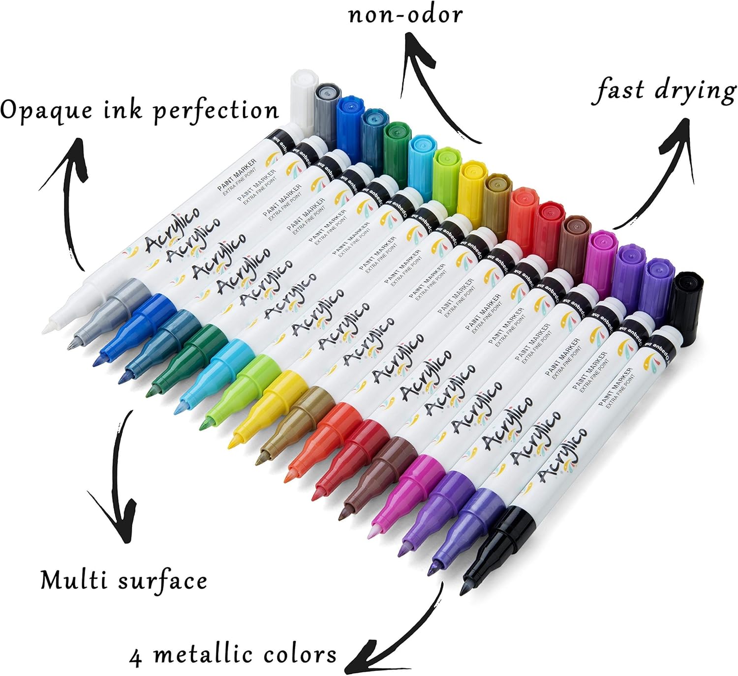 Acrylic Paint Markers Set of 16 Paint Pens – Fine Tip for Fabric, Rock, Metal, Ceramic, Adult Coloring & Art Projects – Art Supplies for Kids & Adults