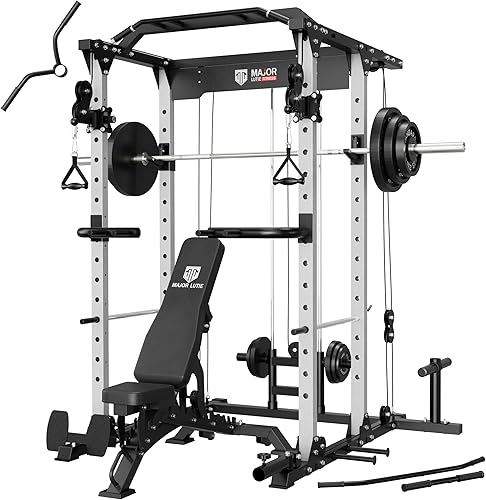 MAJOR LUTIE Jaula de potencia para fitness con placas de peso de hierro fundido de 245 libras y barra olímpica, PLM03 Rack de potencia multifunción