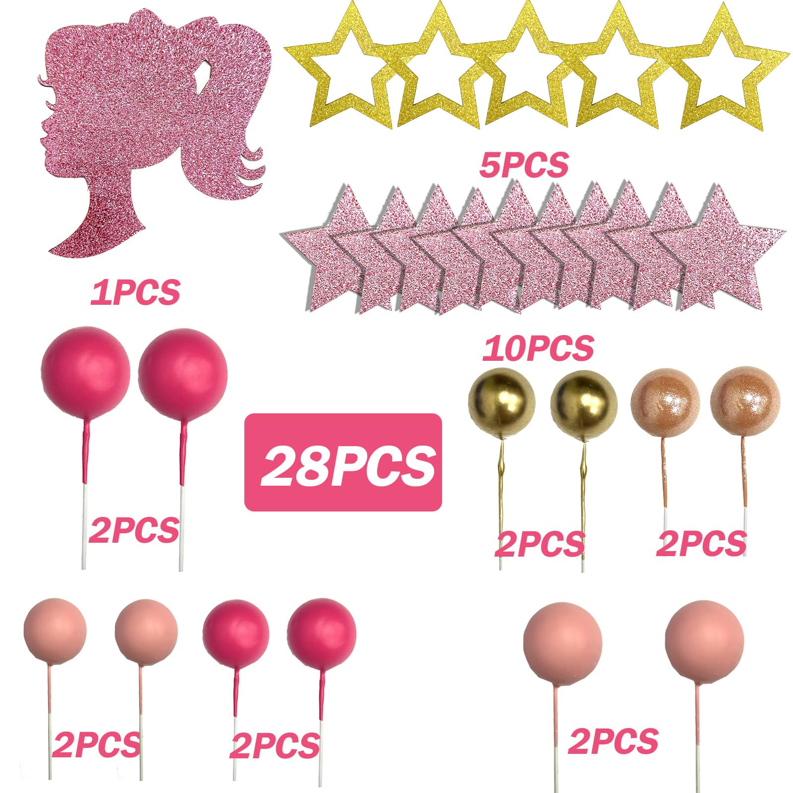 28-teilige Prinzessinnen Torten-Deko – Inkl. Cake Topper, Cupcake-Spitzen & Dekokugeln, Rosa