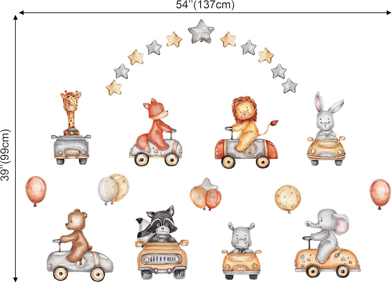 Safari Animals Driving Cars Wall Decals Kids Room Wall Stickers Stars Peel and Stick Removable