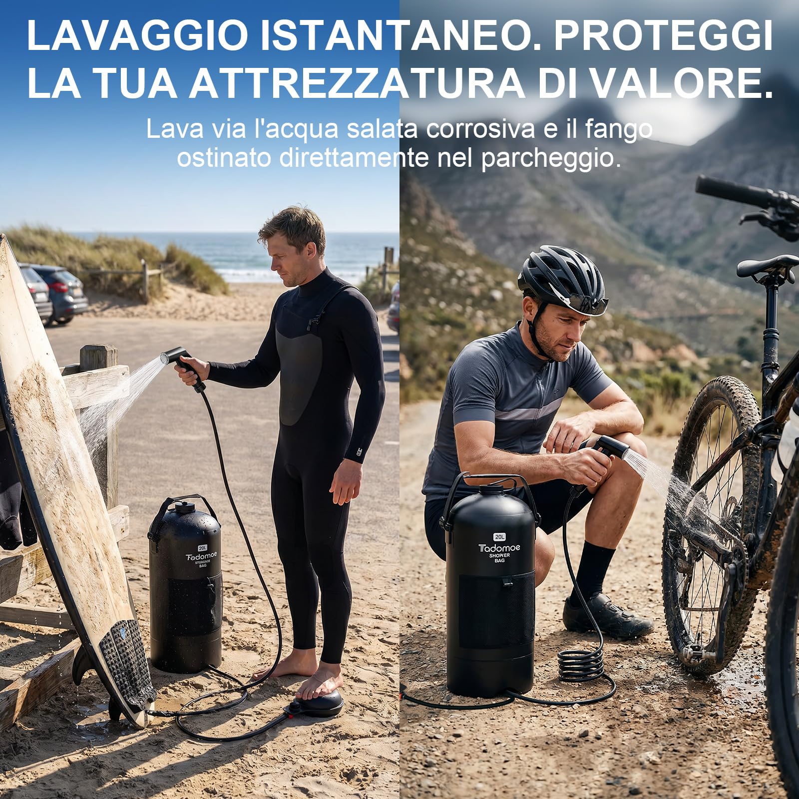20L Doccia da Campeggio con Pompa a Pedale e Tubo da 2m, Doccia Portatile Solare Borsa con Borsa di Trasporto e Soffione - Doccia Mobile per Camping, Spiaggia, Cani e Giardino