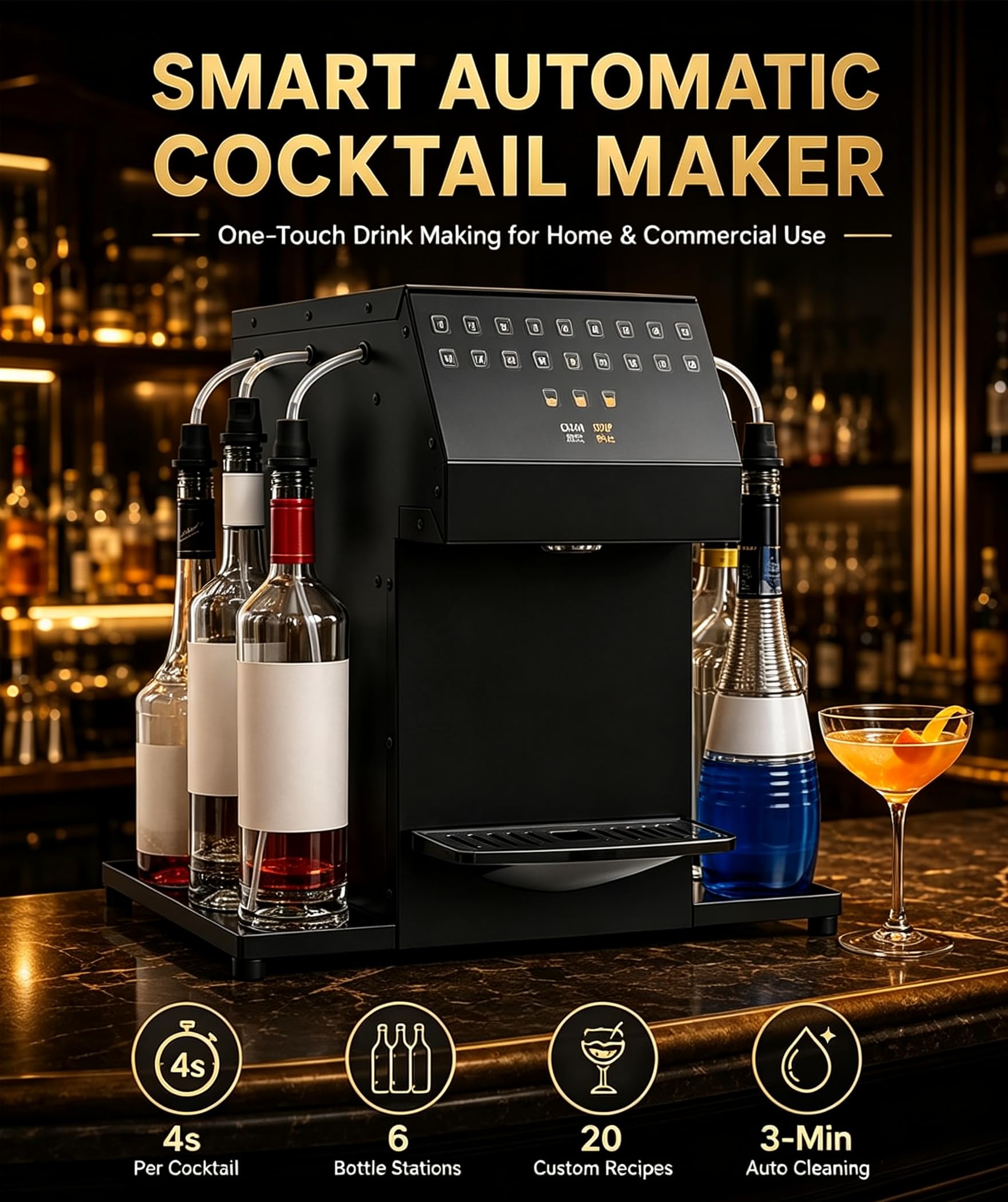 Máquina automática para Preparar cócteles, dispensador eléctrico de cócteles, máquina Inteligente para Preparar Bebidas, con 6 Estaciones para Botellas y 20 Recetas Personalizadas.