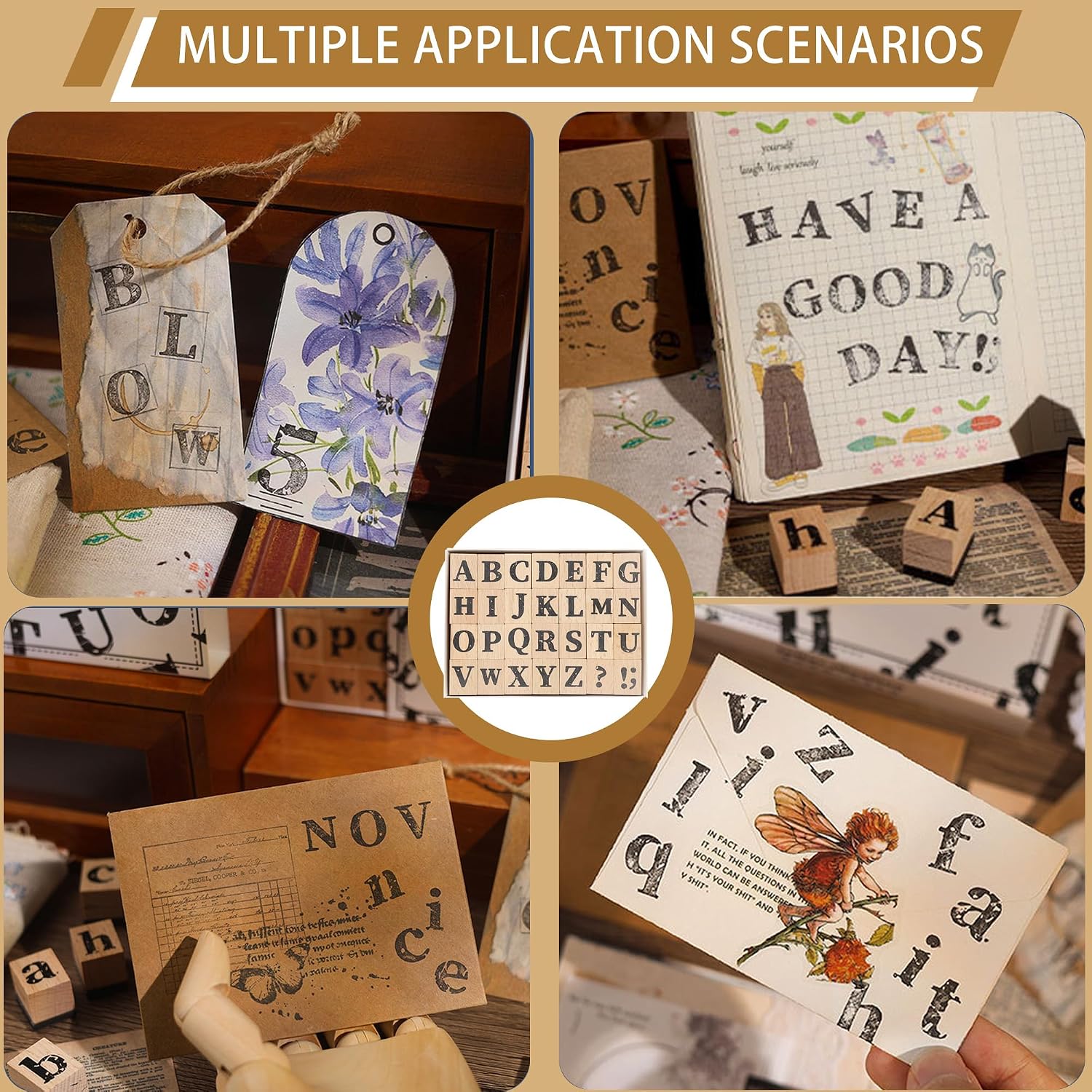 28-Piece Wooden Alphabet Stamps Set, Rubber Letter Stamps for Scrapbooking
