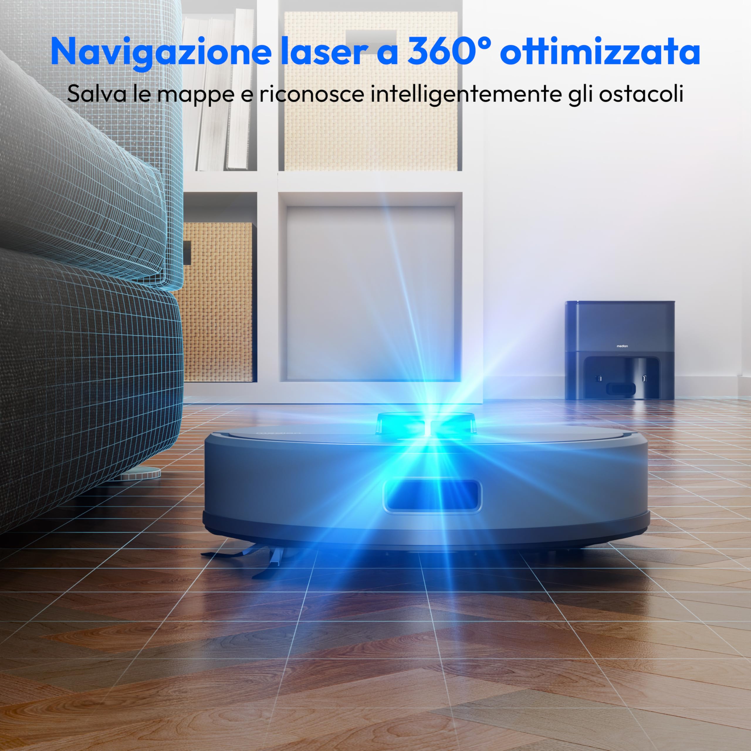 MEDION Robot aspirapolvere con stazione e lavaggio X22 SW+ (navigazione laser, 5.000 Pa, 2-in-1, mappatura precisa, aree no-go, piani multipli, MD 100021) blu