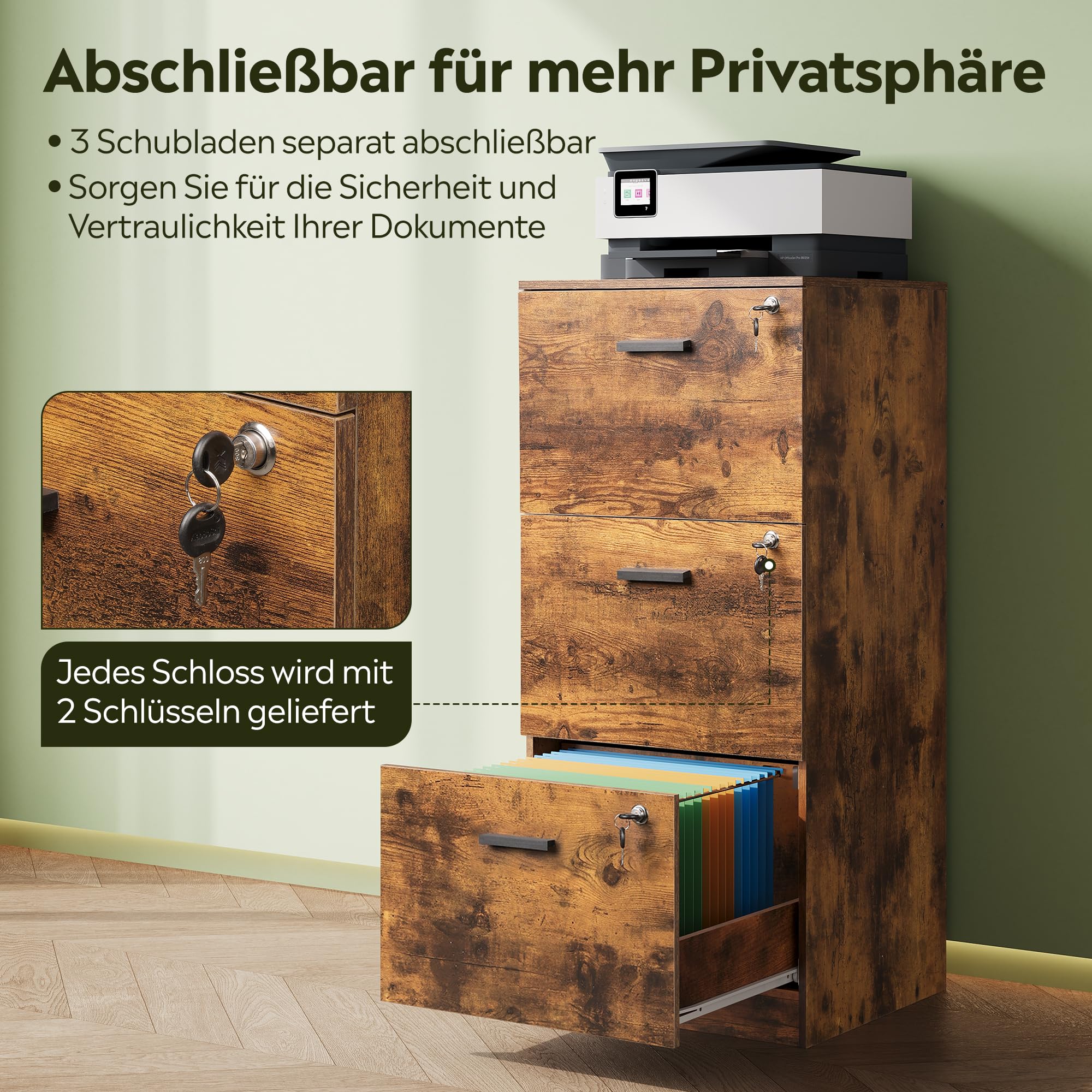 DEVAISE Rollcontainer abschließbar mit 3 Schubladen und offenen Fächern, Schreibtisch Schrank für Büro, Home Office, Rollcontainer Braun für DIN A4/Legal/Letter