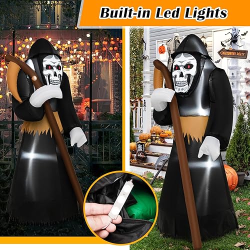 Miniatura 5 de GOFLAME Parca inflable de Halloween de 8 pies con guadaña, decoración de patio inflable con luces LED integradas, 2 bolsas de arena, fantasma