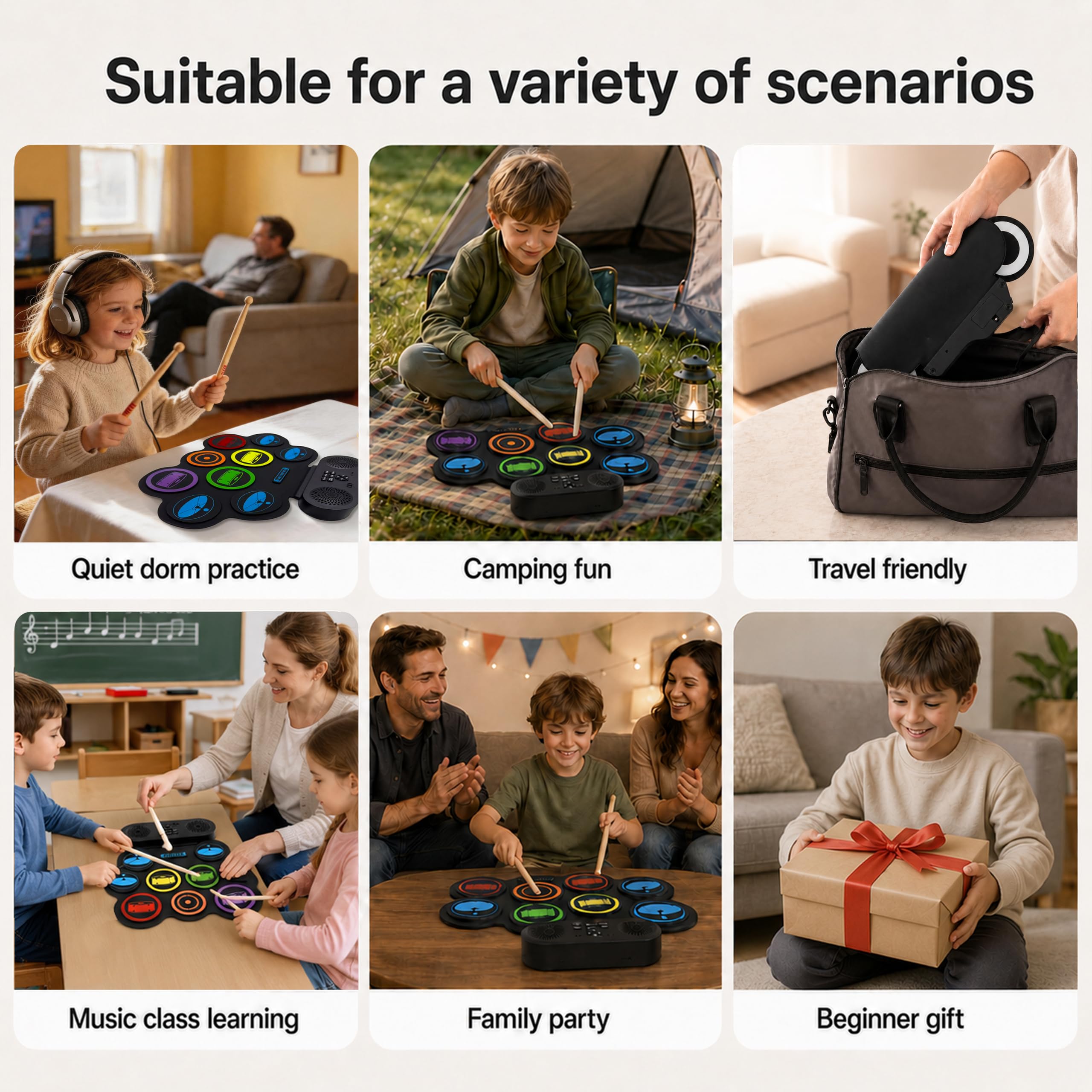 Batería Electrónica Portátil Enrollable para Niños y Adultos, 9 Almohadillas Silenciosas con Altavoz Bluetooth, Batería Musical para Principiantes, Kit Completo con Pedales y Baquetas