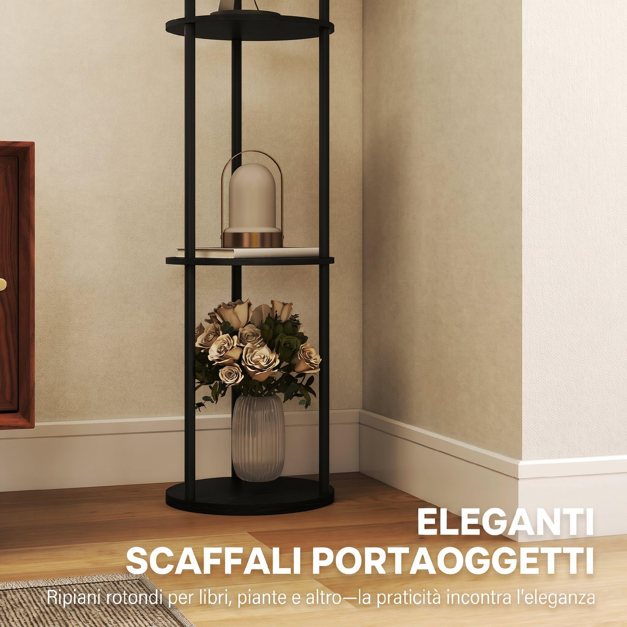 HOMCOM Lampada da Terra LED con Ripiani Rotondi, Piantana Moderna Nero | Paralume in Tessuto, Interruttore a Pedale e Telecomando, per Soggiorno e Camera da Letto