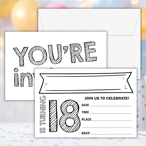 18th Birthday Invitations, 25 Double-Sided Invitation Cards with 25 Envelopes,