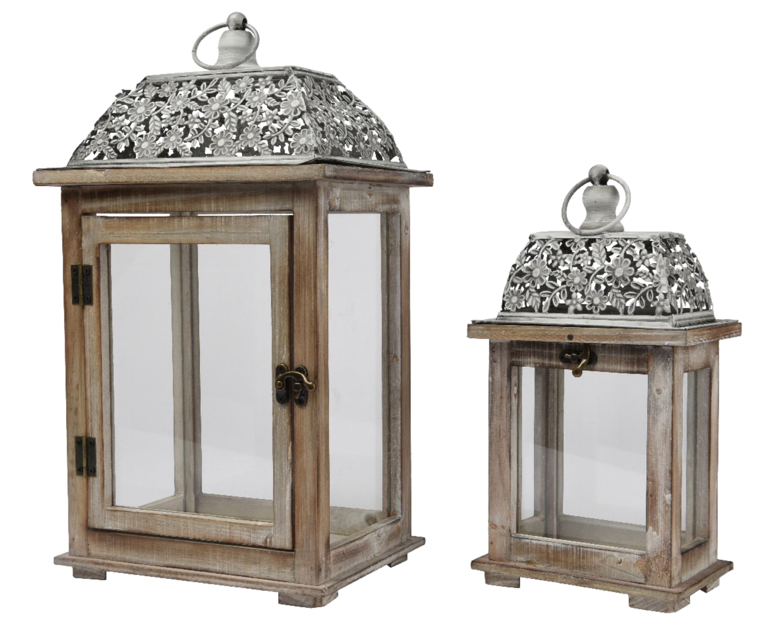 Decoris Farolillos con asa, 23 x 41 cm / 16 x 29 cm, madera, cristal y metal, juego de 2 unidades, para colgar o colocar de pie, farolillos de madera, farolillos decorativos, farolillos de velas,