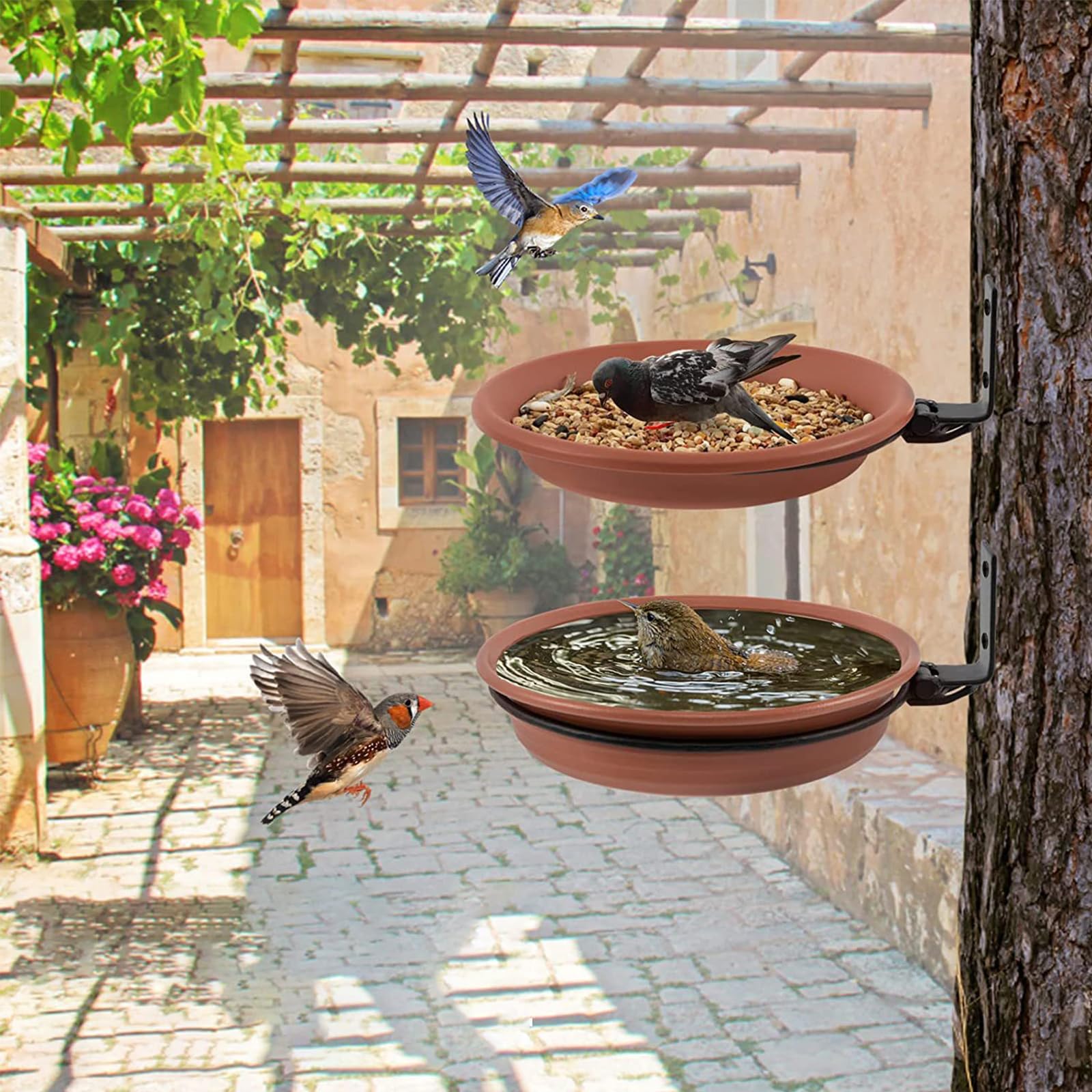 Grantop Lot de 3 mangeoires pour oiseaux et abreuvoir pour oiseaux, bain pour oiseaux, balustrade ronde avec support mural, pour attirer les oiseaux sauvages