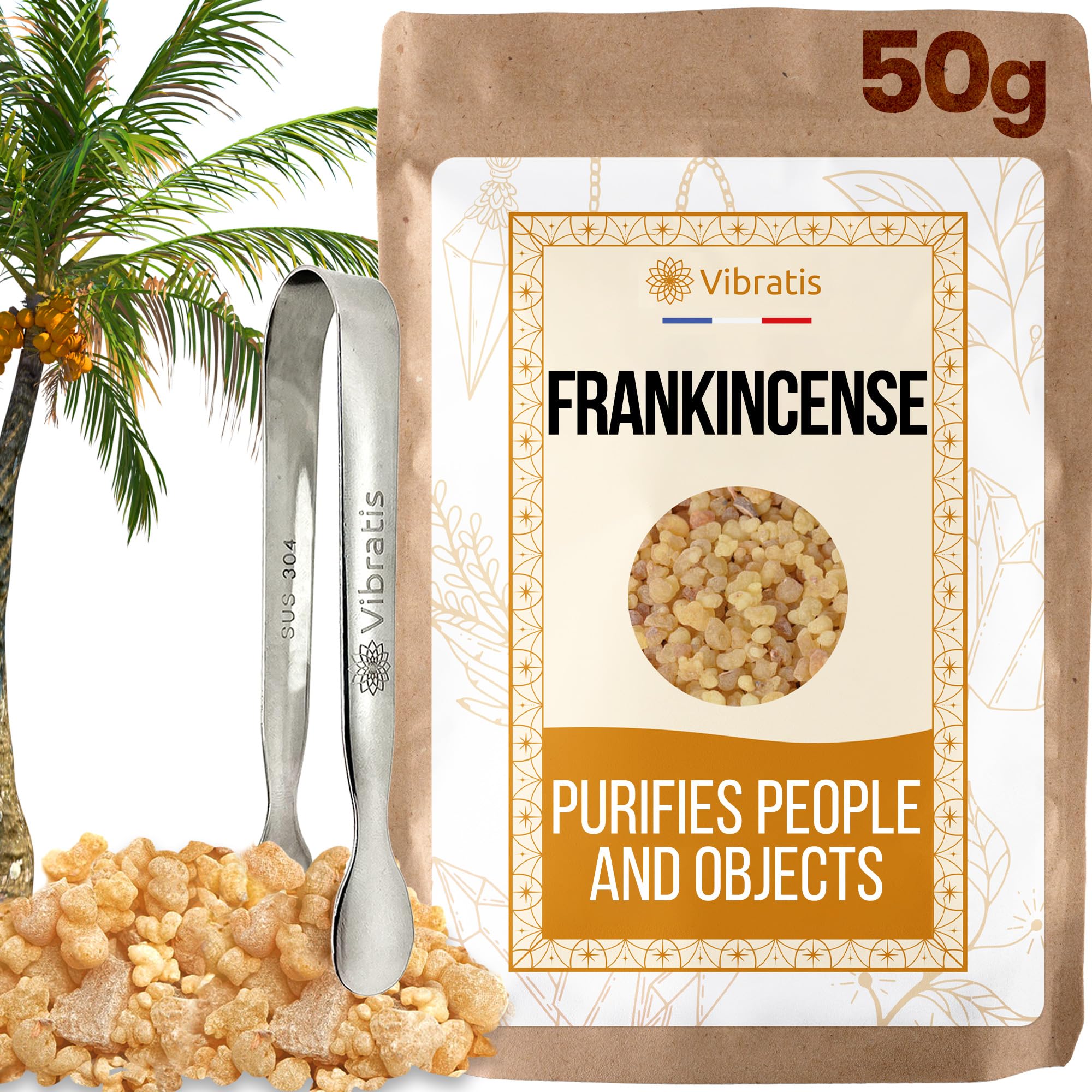 Vibratis Oliban Frankincense Grains 50G With Tongs - 100% Natural Boswellia Carterrii Premium Quality Resin - Very Strong Spiritual Virtues