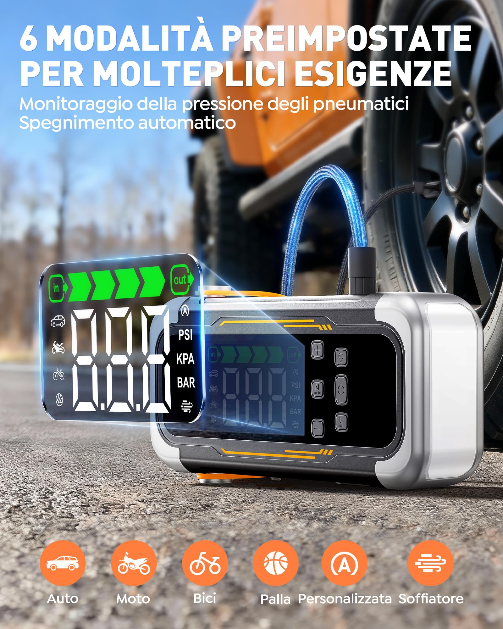 UTRAI 7000A Booster Avviatore Auto con Compressore & Soffiatore d'aria, 12V Avviatore Batteria Auto (Tutto Gas Benzina e 12L Diesel), Gonfiatore Pneumatici, Power Bank PD30W, Torcia LED Batteria Auto
