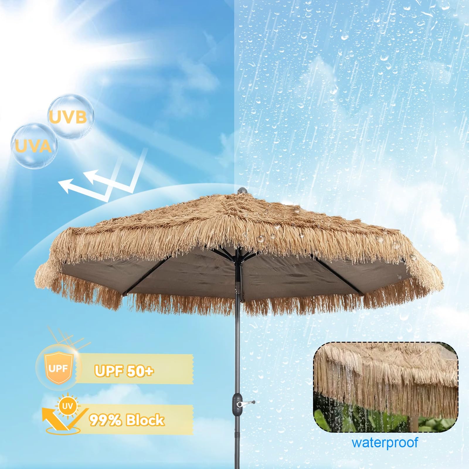 Parasol Ogrodowy W Stylu Hawajskim 270cm, Odporny Na Wiatr Plażowy Z Ochroną UV50+, Słomiany Parasol Ogrodowy, Nie Wymaga Podstawy, Idealny Na Taras I Basen