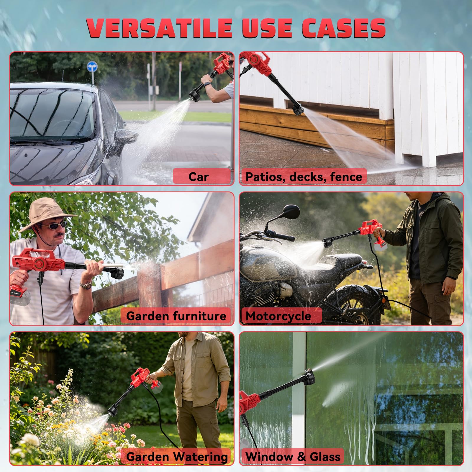 Idropulitrice senza fili compatibile con Milwaukee m18, 21000 giri/min, 69 bar, portatile, con ugello 6 in 1, per la pulizia di pavimenti, recinzioni e pareti dell'auto (rosso)