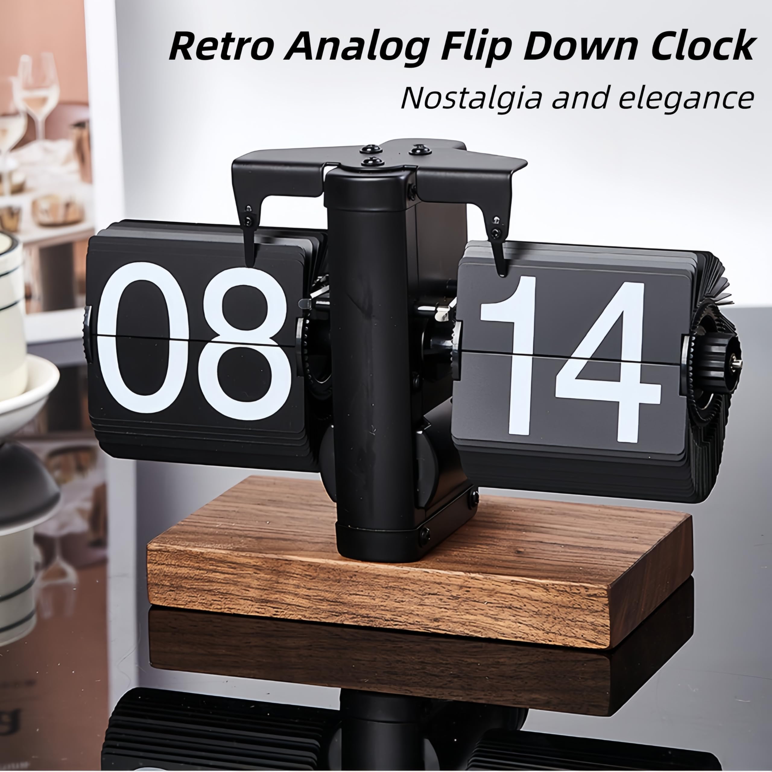 BJLIFE Retro Analog Flip Down Clock, Mechanical Digital Flip Desk Clock Vintage, Classic Flipping Table Clock Battery Powered Internal Gear Operated with Black Walnut Base for Home Office Decor