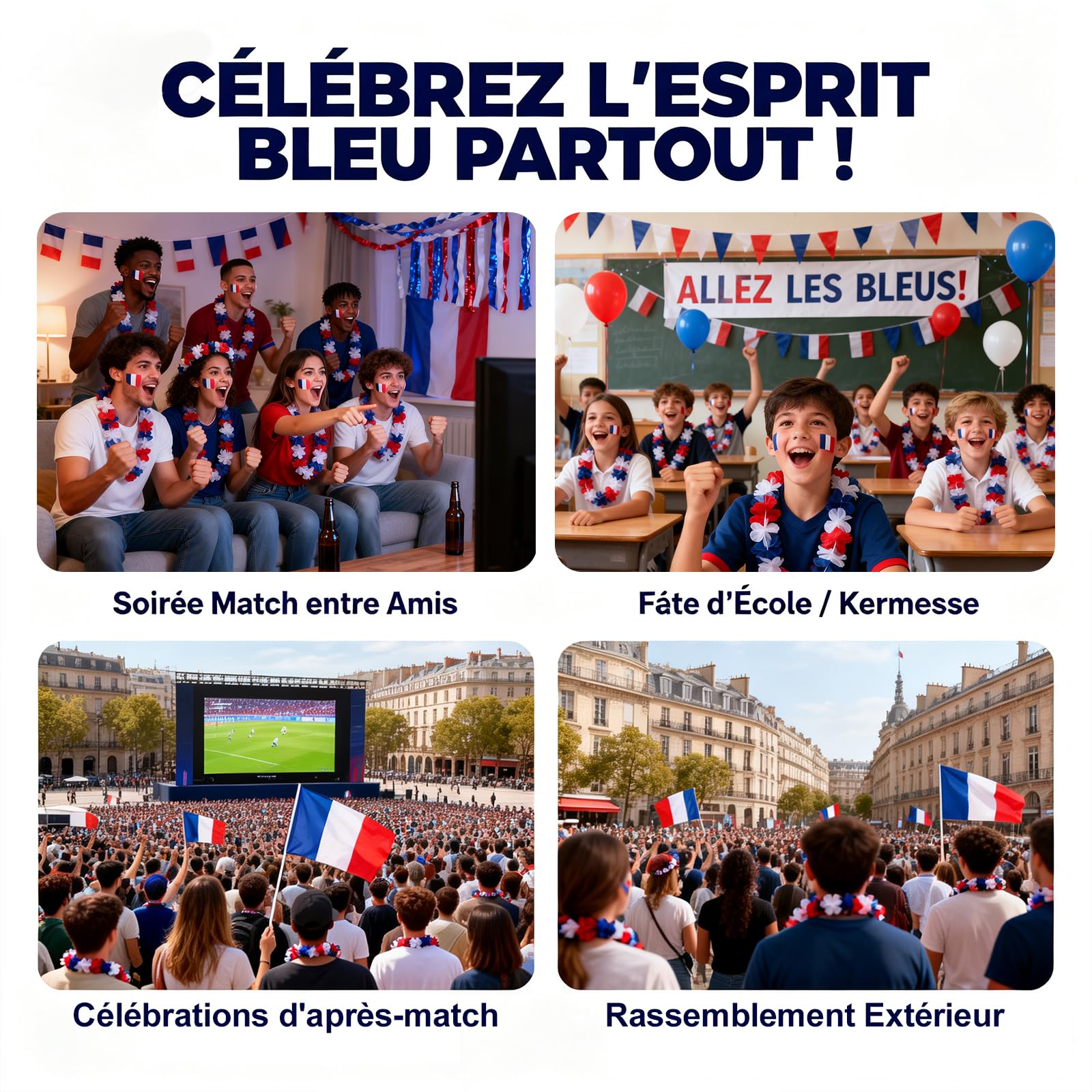 Kit Supporter Equipe de France, Collier Fleurs Bleu Blanc Rouge, Accessoires Tricolore pour Coupe du Monde 2026 Euro