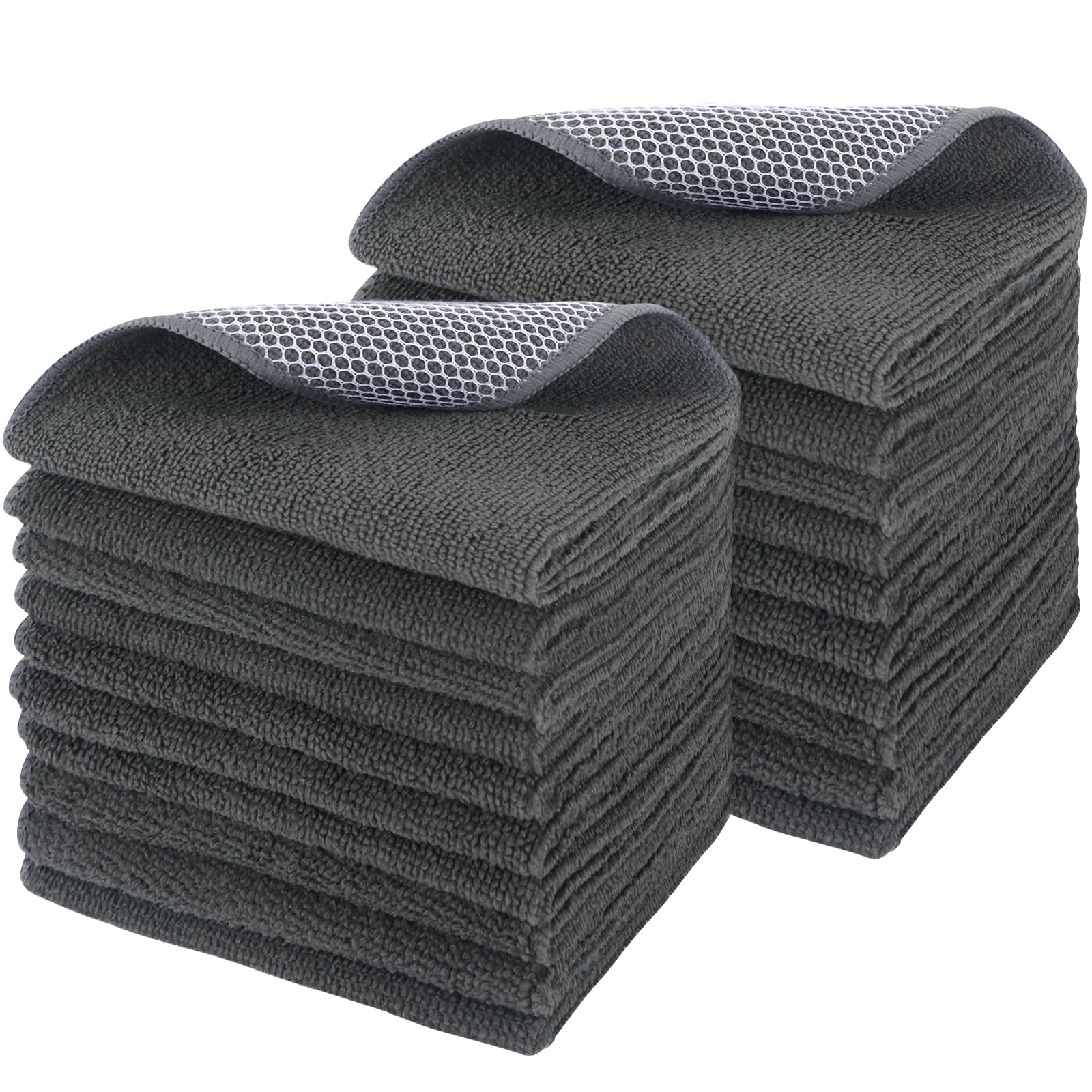 SINLAND Microfiber Dish Cloth Kitchen Washcloth Best Kitchen Cloths Cleaning Cloths Poly Scour Side 12"x12" 20Pack Dark Grey