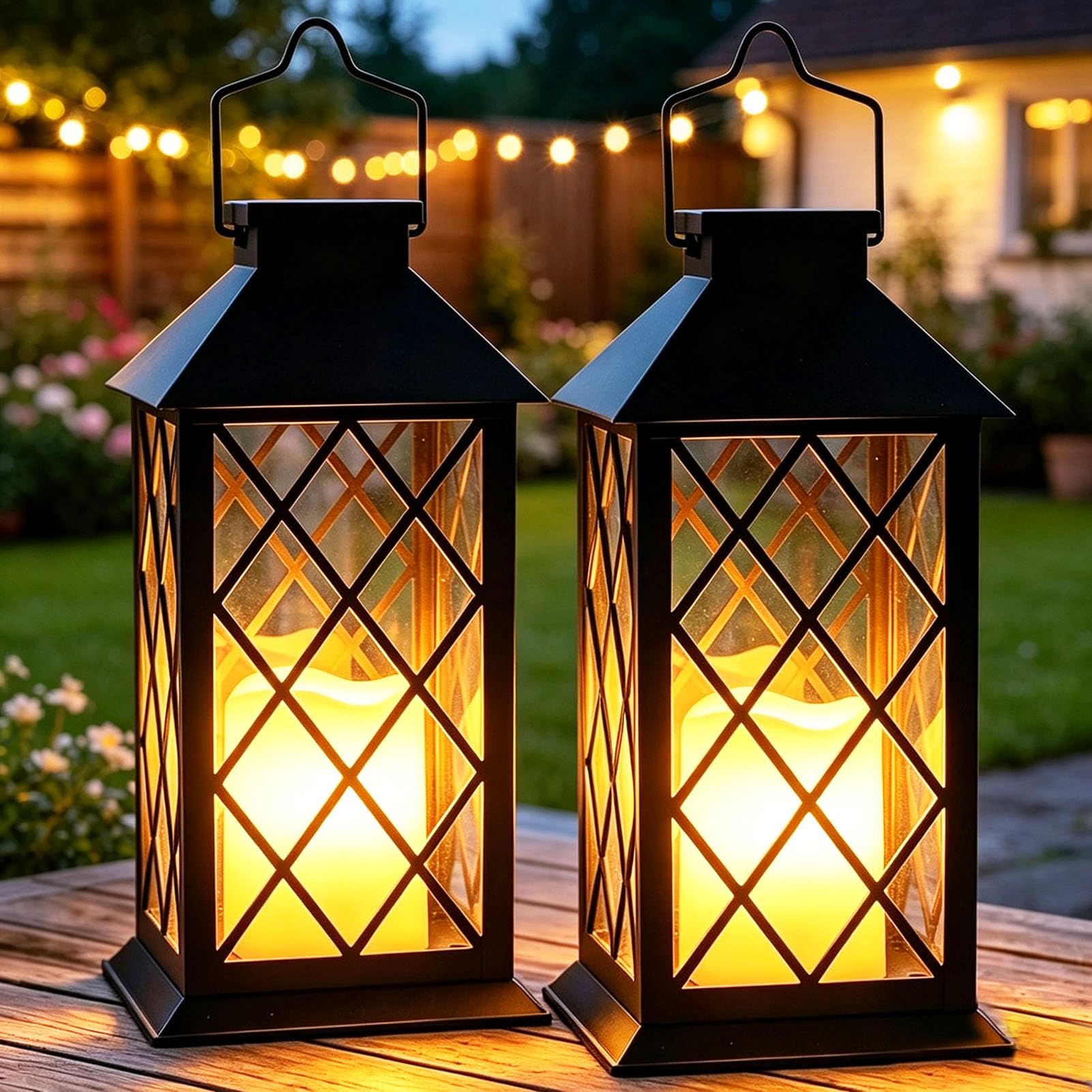Yowin 2 Pack 14" Large Tempered Glass Solar Lanterns Outdoor Waterproof