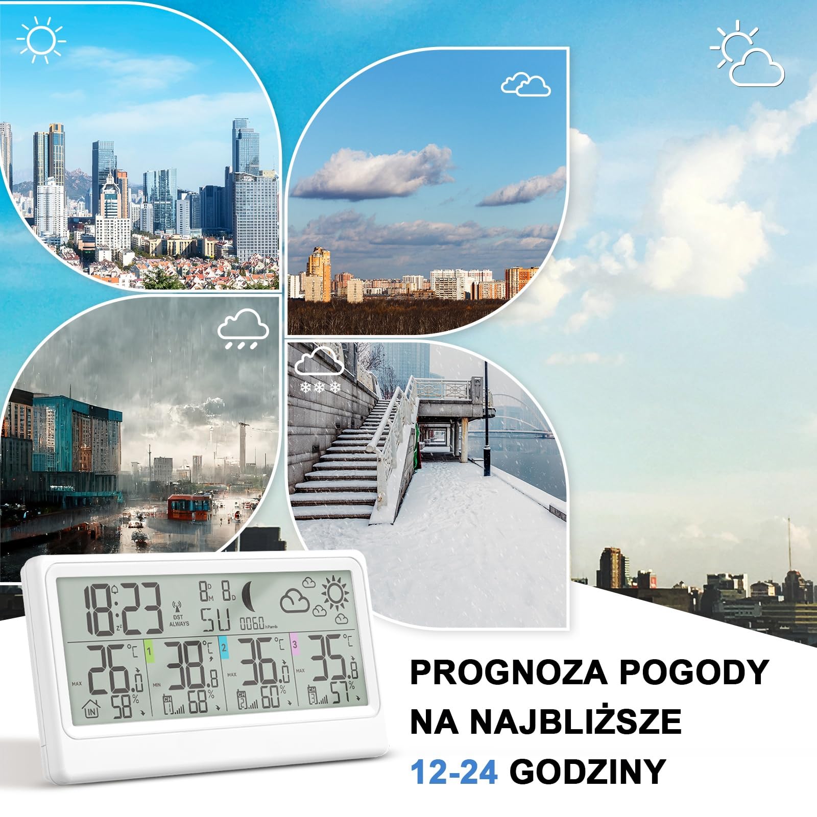 Bezprzewodowa stacja pogodowa z 3 czujnikami zewnętrznymi, 8,5-calowy wyświetlacz LCD z termometrem, higrometrem, barometrem, prognozą pogody, fazami księżyca, budzikiem, funkcją drzemki i RCC