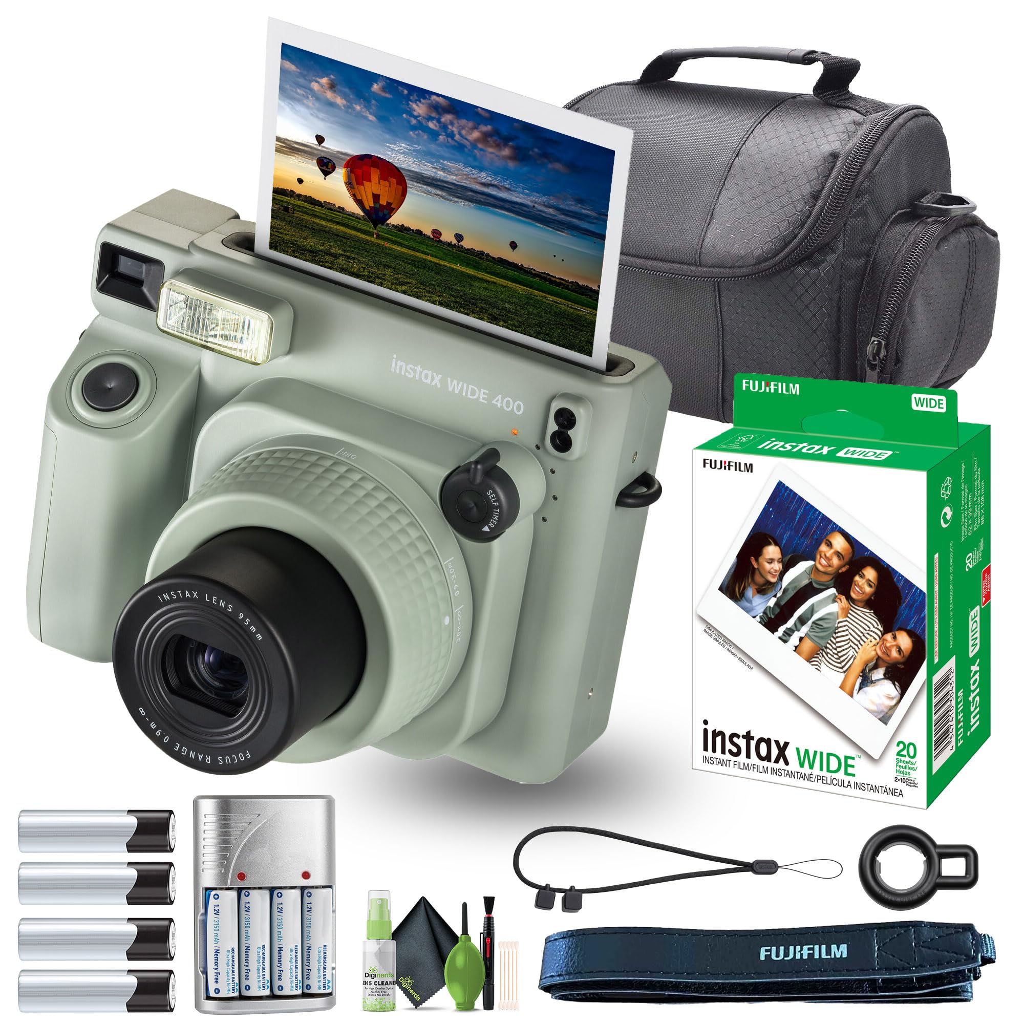 FujifilmInstax Wide 400 Instant Film Camera Bundle with Fuji Instax Wide Instant Film Color Print (20 Sheets) + Travel Bag + Rechargeable Batteries with Charger and Lens Cleaning Kit