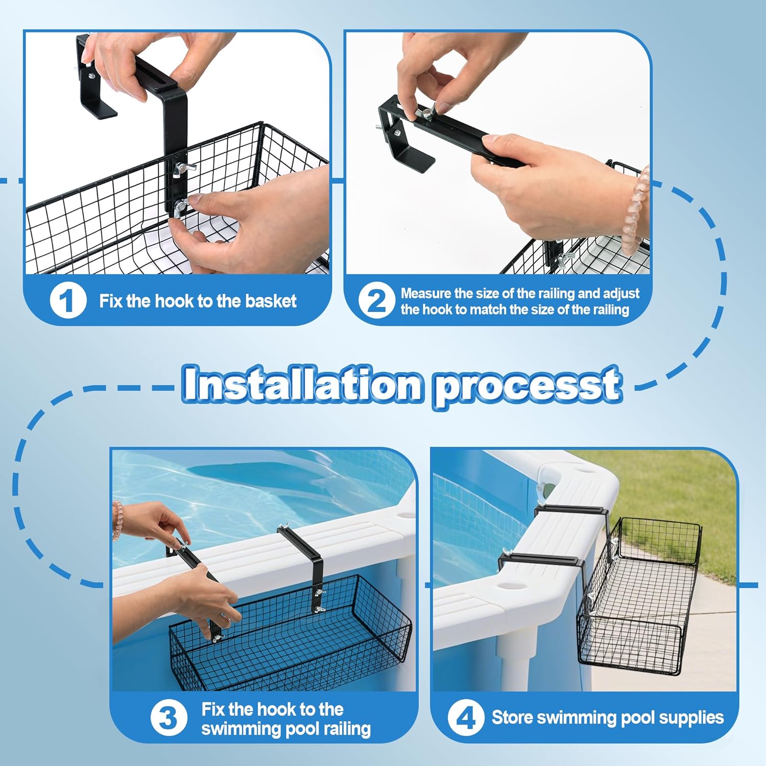 Large Size Metal Poolside Storage Basket - 14 x 6 x 3.5 in for Square Top Pools Only, Adjustable Swimming Pool Hanging Basket Fits 4.9" to 9" Top Rails, Above Ground Pool Shelf Accessories