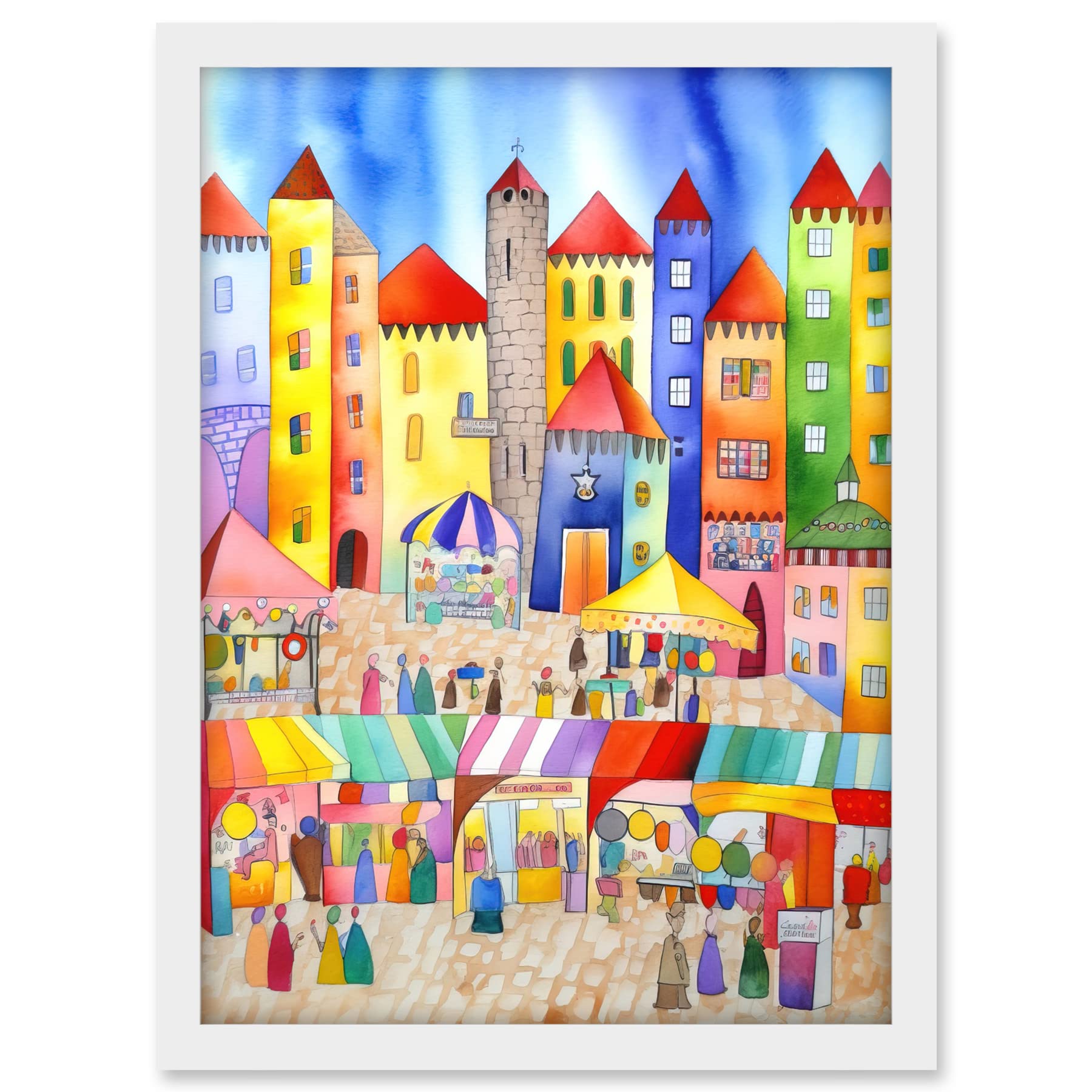 Artery8 Market Square Scene Folk Art Watercolour Painting Artwork Framed A3 Wall Art Print