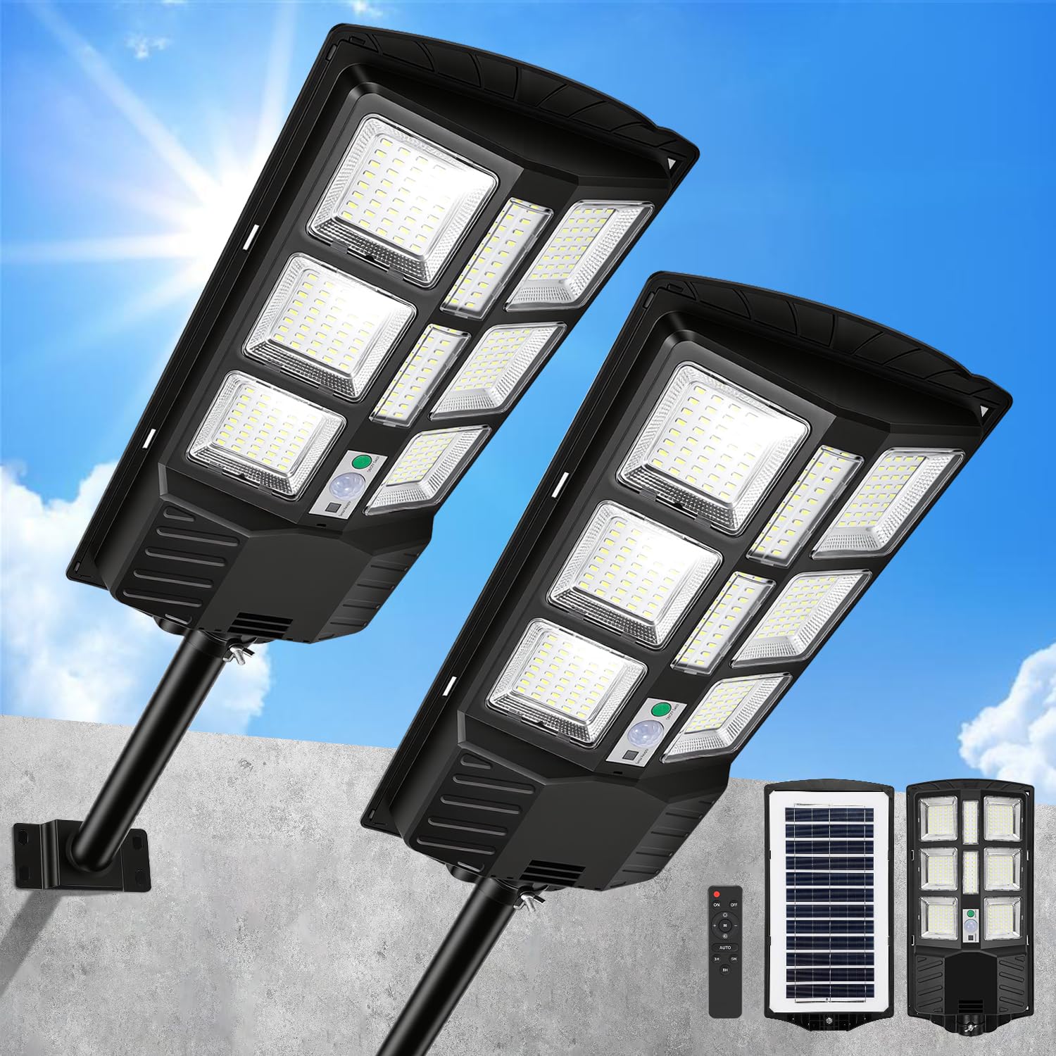 Zewnętrzne solarne światło uliczne, solarne światło uliczne LED 300 W, solarne lampy solarne do użytku na zewnątrz, 6500 K, lampa ścienna z czujnikiem ruchu, 2 szt