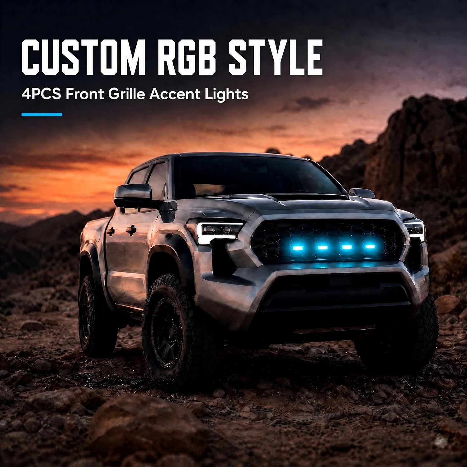 4PCS RGB Front Grille Lights for Trucks, App-Controlled Clip-On Car LED Grill Lights with Wiring Harness and Fuse Tap, Universal Buckle Grille Light Kit for Most Trucks, Pickups and SUVs