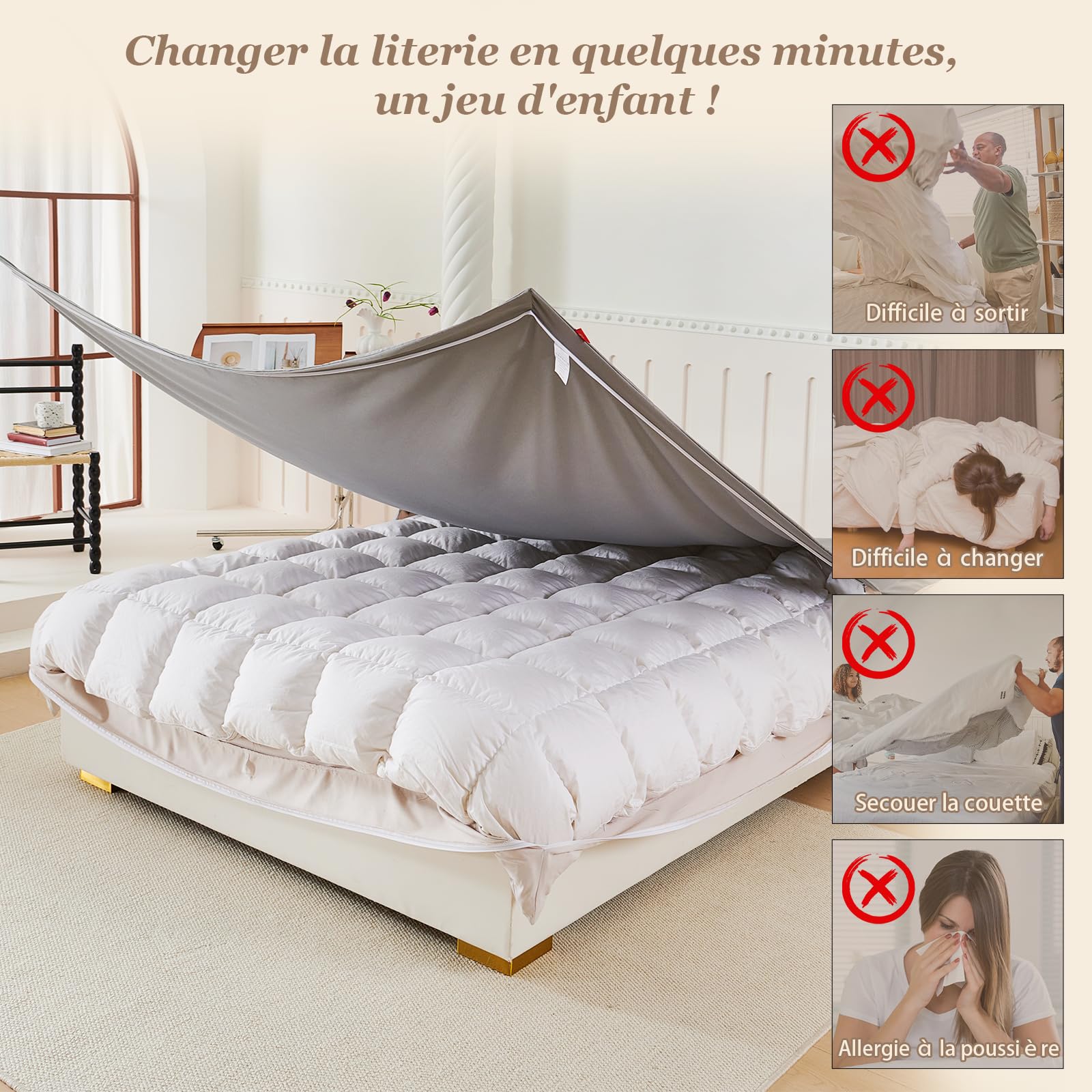 Set di biancheria da letto 4 pezzi, con cerniera su 3 lati, poliestere antistatico ultra-delicato e seta-liscio, design a due lati (Grigio & Crema), offerta vantaggiosa del marchio (2 * 135 x