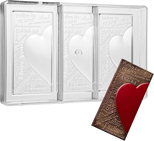 Greyas CM 3844 Louis Amado - Molde de caramelo de policarbonato transparente con 3 mensajes de corazón con amor, cavidades rectangulares para