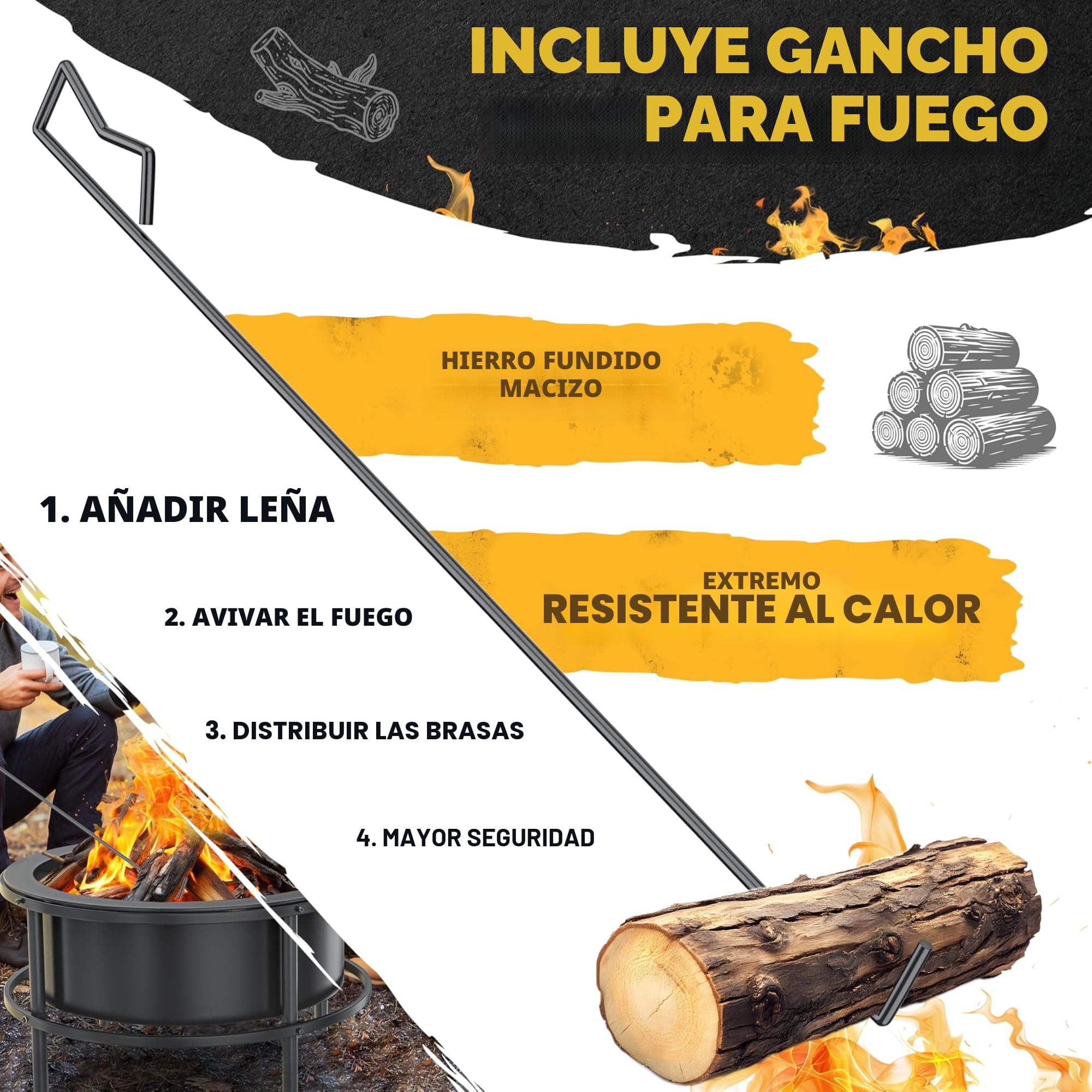 KESSER® Brasero con parrilla de 65 cm, cesta de fuego de 0,6 mm, acero frío, barril móvil neumático, brasero de madera y carbón, incluye gancho de 60 cm