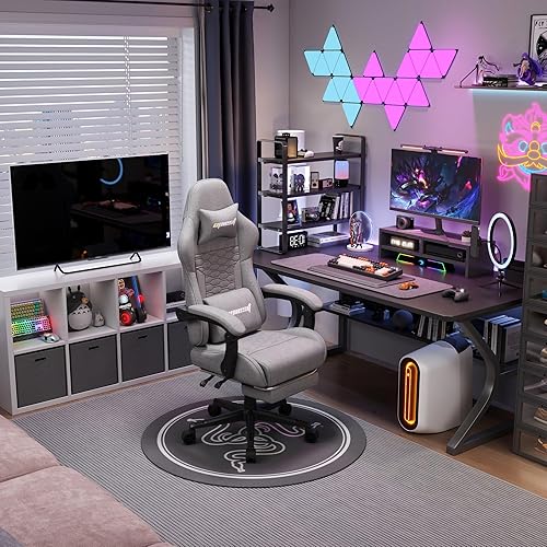 Miniatura 2 de Silla para videojuegos, sillas de computadora de tela con soporte lumbar y masajeador, silla de oficina ergonómica con reposapiés y cojín de resorte