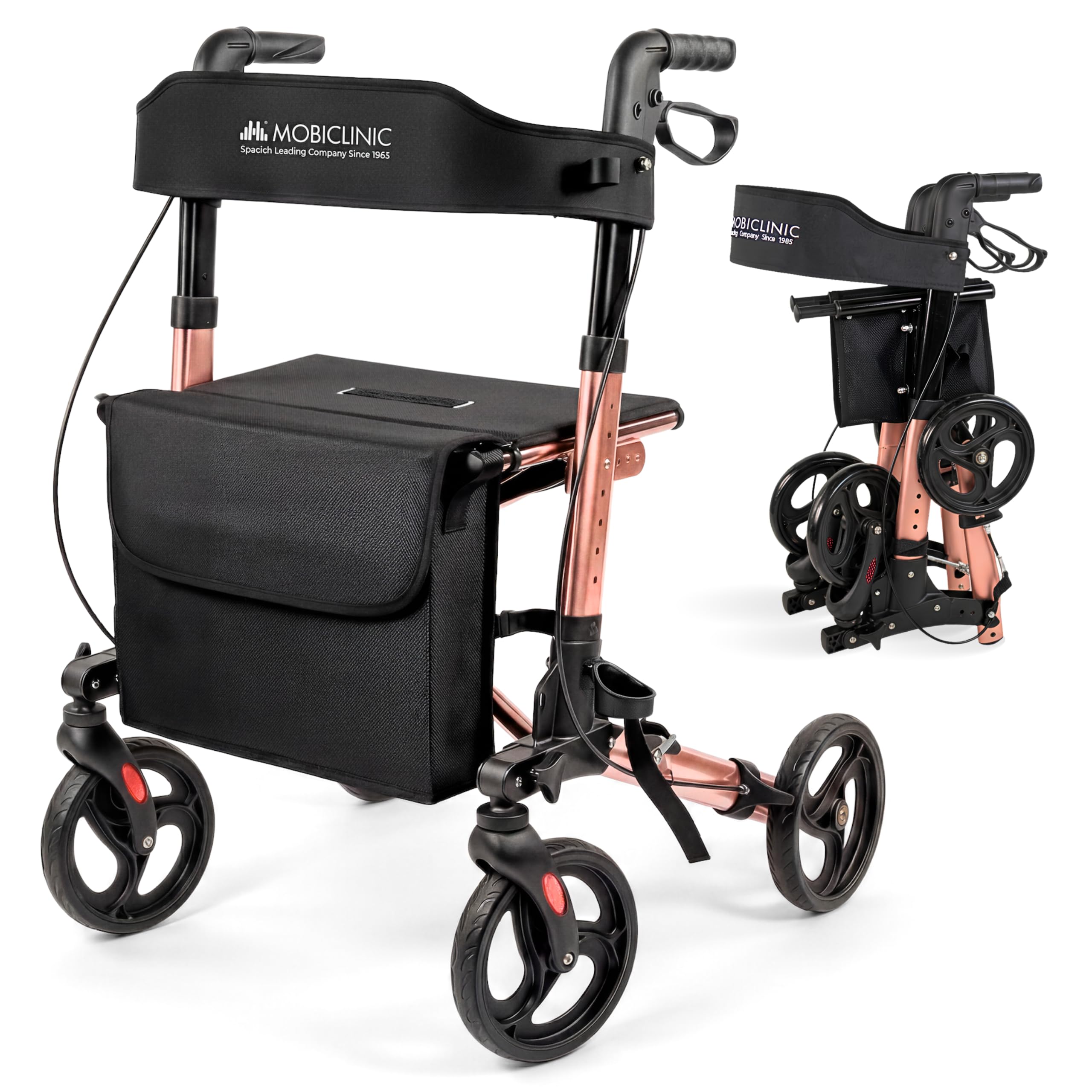 Mobiclinic®, Faltbarer Rollator, Sitz und Rückenlehne, bis 136 kg, Roségold, Höhenverstellbar, Aufbewahrungskorb, Stockhalterung, Bremsen und Sicherheitsverriegelung, Aluminium, Trajano