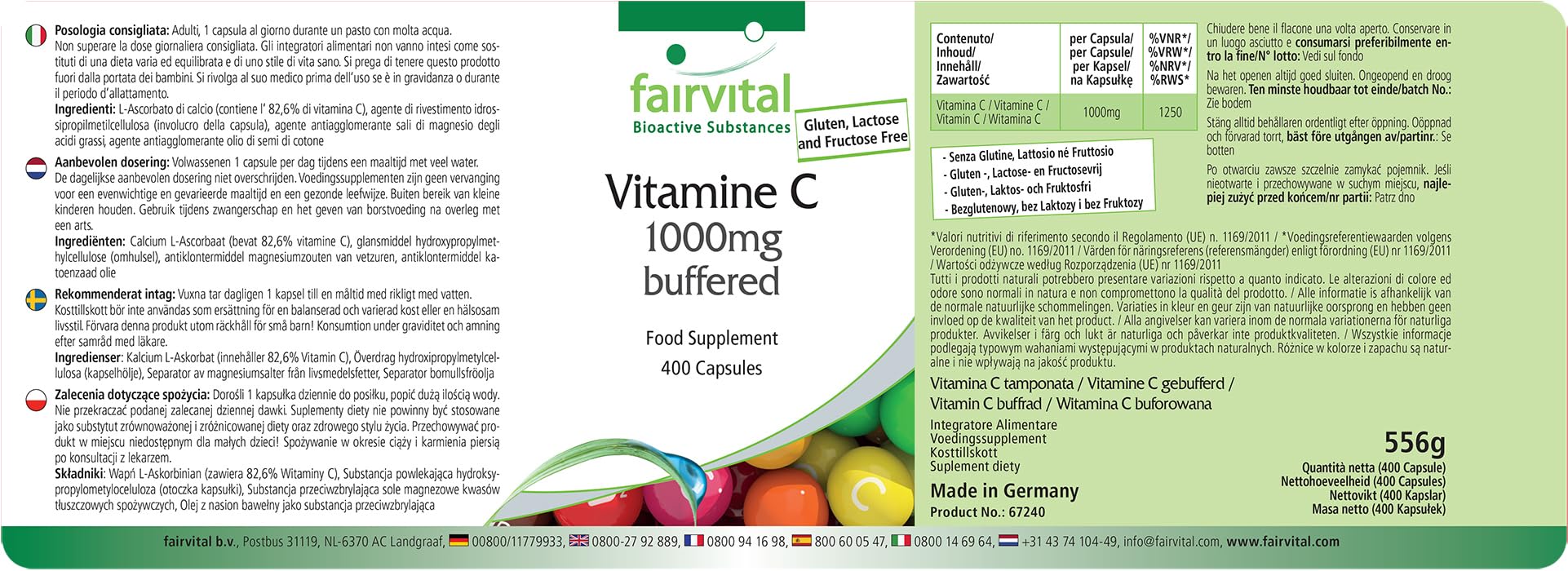fairvital Vitamina C tamponata 1000 mg ad alto dosaggio, 400 capsule, VEGANA, delicata per lo stomaco, ascorbato di calcio