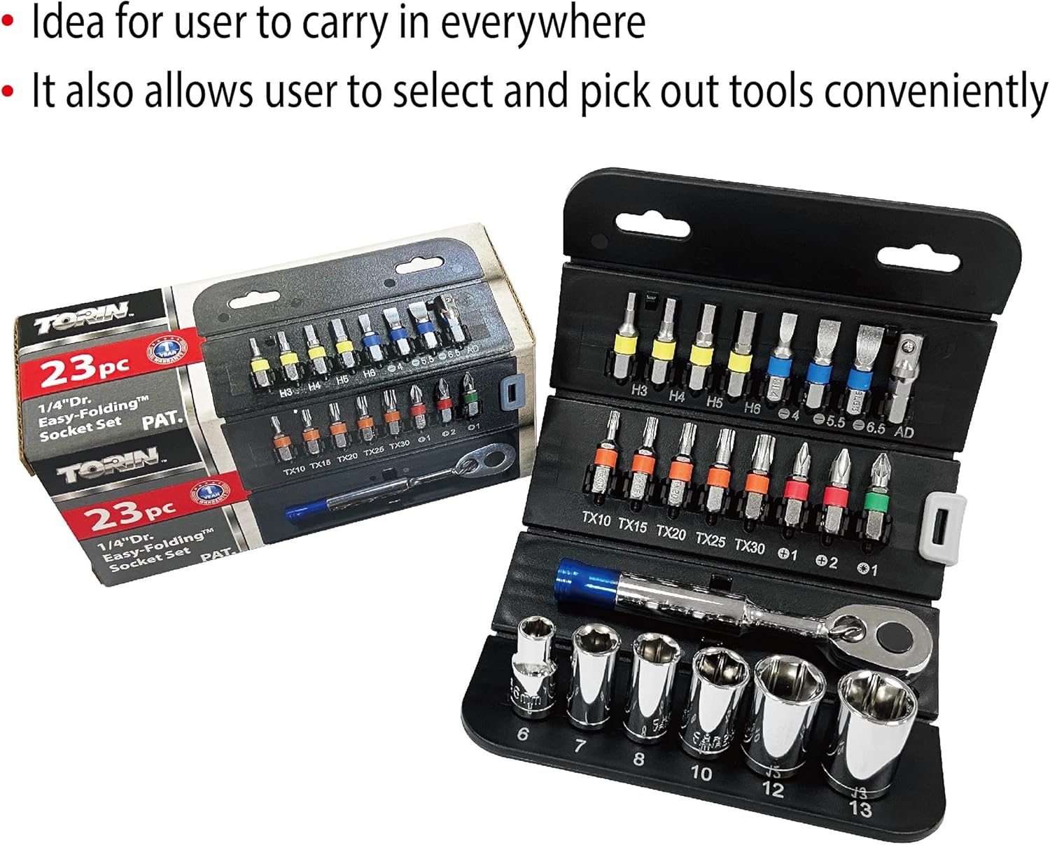 Big red screwdriver bit holder sets with 72-tooth reversible ratchet, 23-Piece for 1/4" hex key,Easy-Folding Case,THT-23BRS01