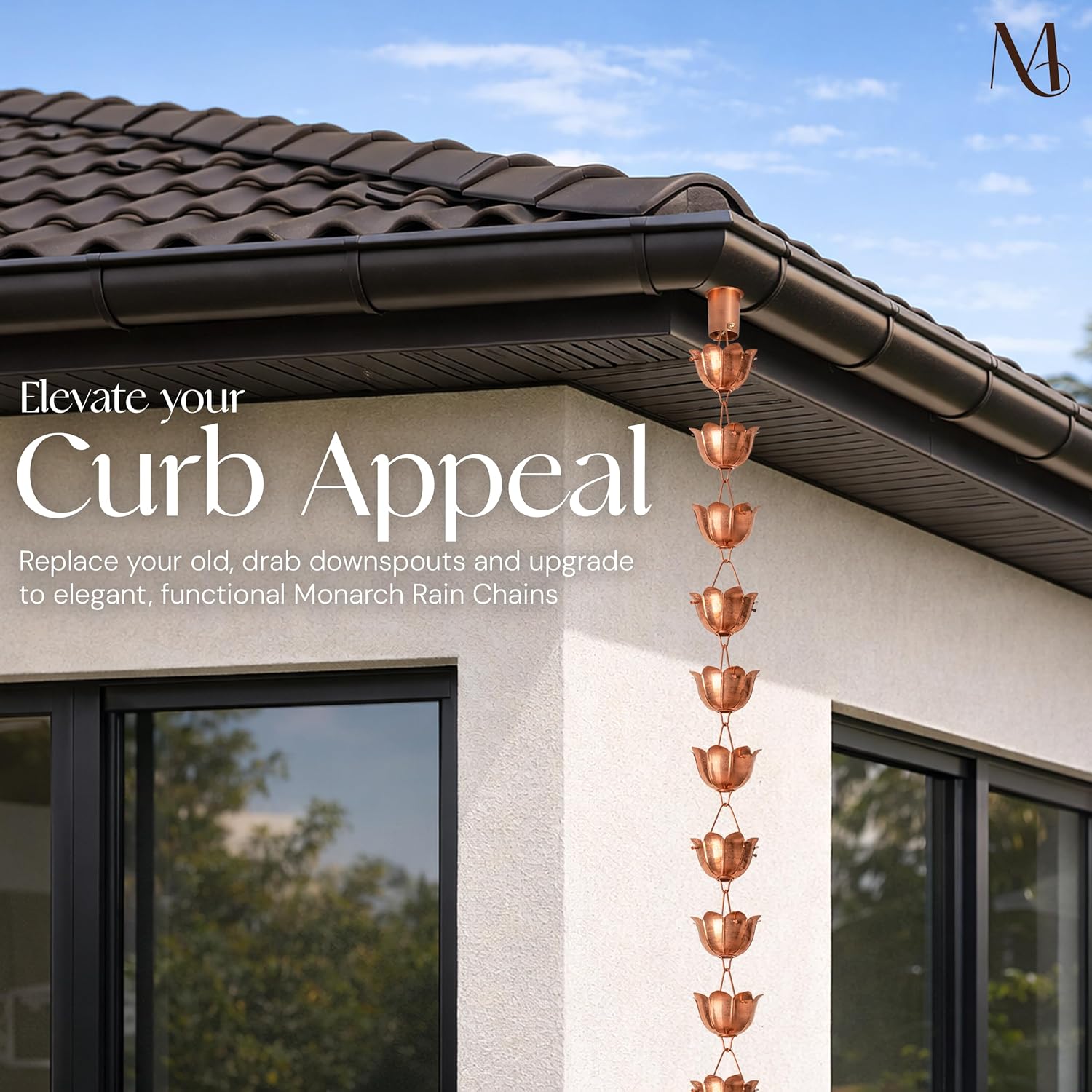 Monarch Rain Chains Pure Copper Lotus Cup Rain Chains for Gutters – 8.5 ft Decorative Rainchain Outdoor Durable Heavy Duty Gutter Chain Downspout Replacement, Modern Rainchains for Outside