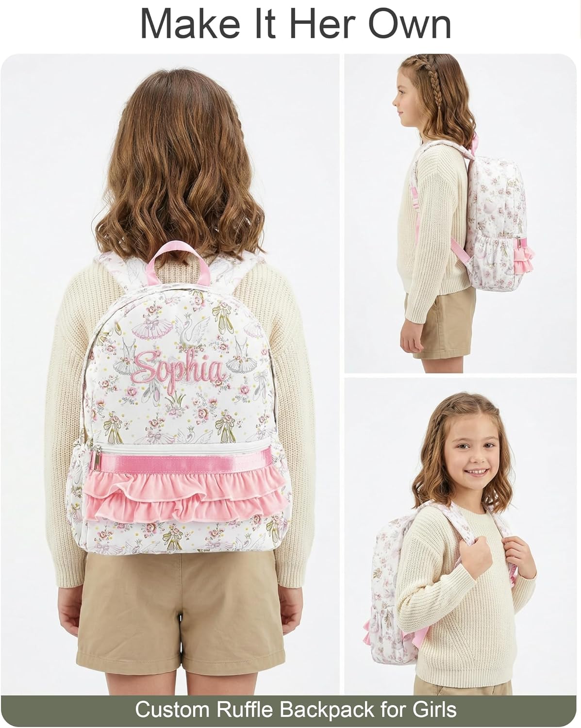 Personalized Girls Ruffle Backpack, Custom Name Embroidered School Bag for Toddler & Preschool, Heavy-Duty 14" Cute Princess Bookbag for Kindergarten Daycare, Premium Birthday for Kids