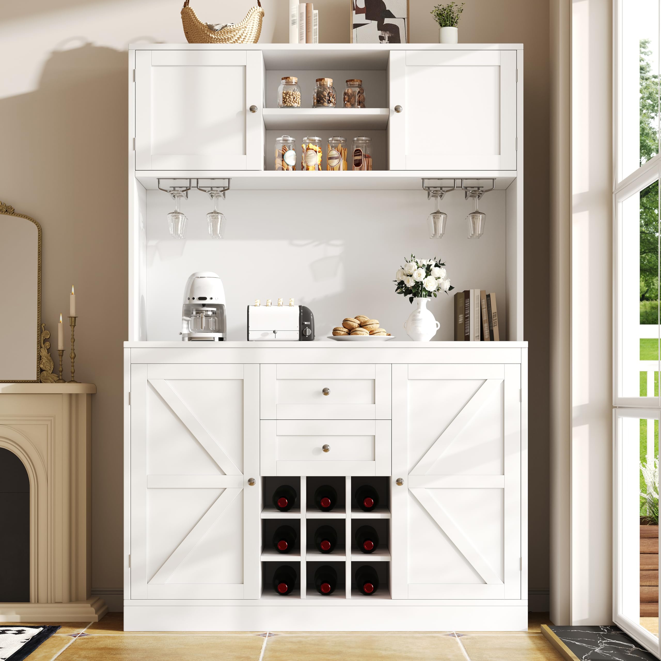 Armadio da cucina con ripiani regolabili e scaffale per vino, alto buffet da cucina con 4 ante e 2 cassetti, credenza per cucina e soggiorno, armadio a buffet (bianco)