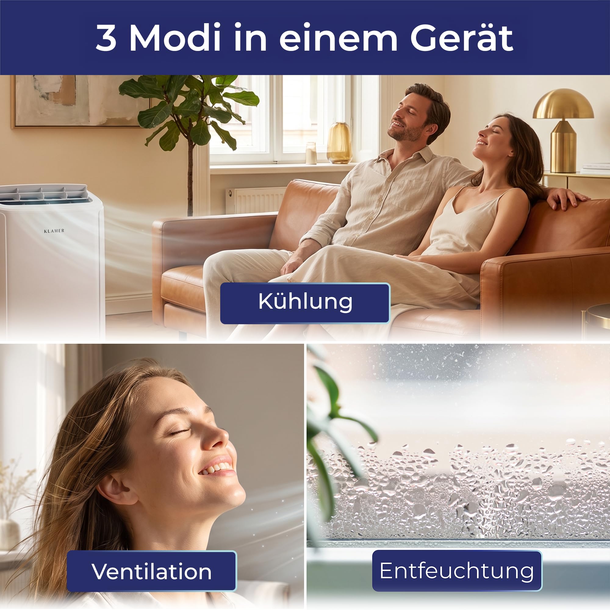 KLAMER Mobile Klimaanlage 12000 BTU, bis 43m², 3-in-1, Abluftschlauch | Kühlung, Ventilation & Luftentfeuchtung, 3 Gebläsestufen, 24h Timer, Nachtmodus, Fernbedienung, R290 Kältemittel