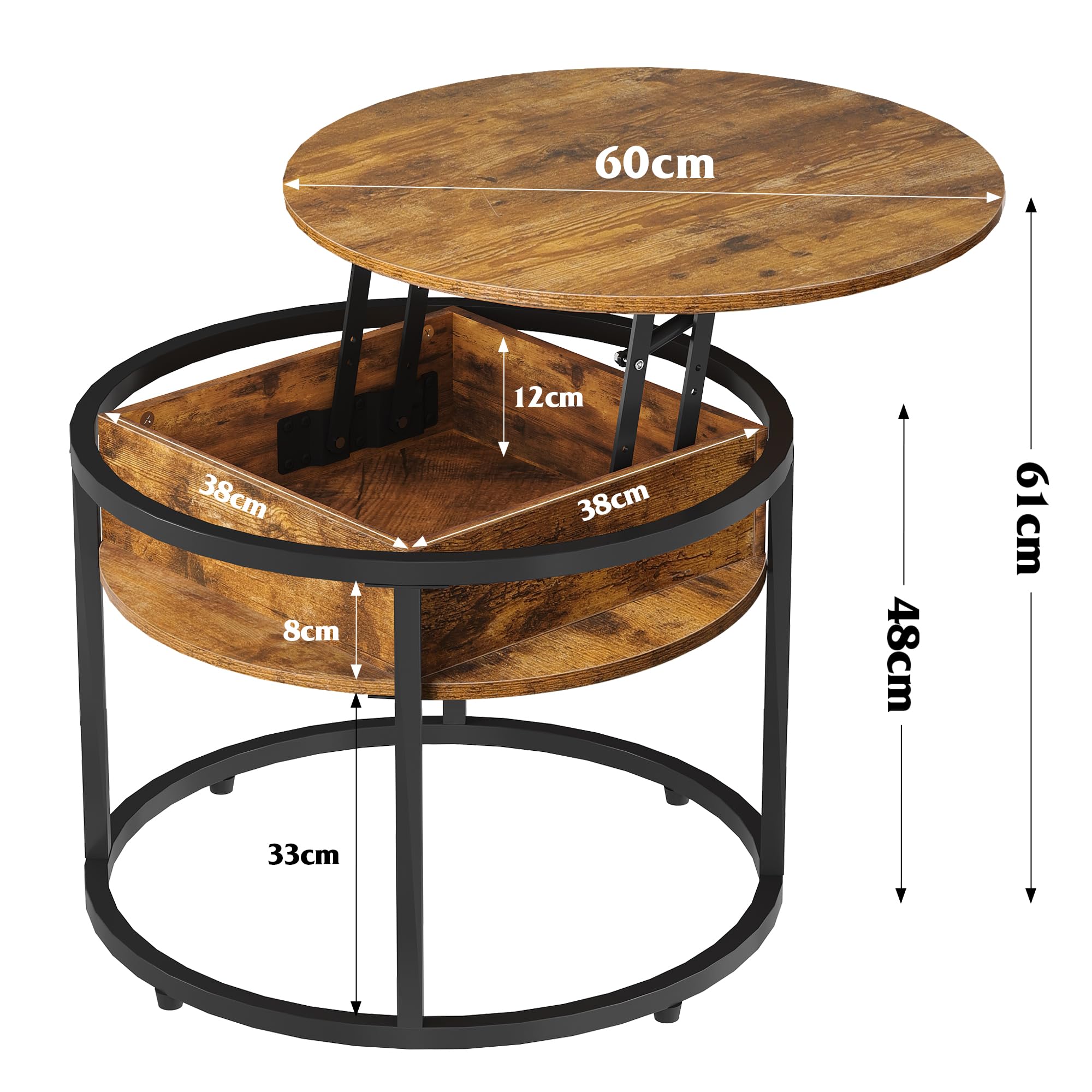 WLIVE Couchtisch Rund mit Hebeplatte, Wohnzimmertisch Höhenverstellbar mit Stauraum, 60 x 60 x 50 cm, Kaffeetisch für Wohnzimmer, Balkon und Büro (Rustikales Braun, 60 Durchmesser)