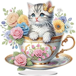 jinglinhh DIY Flowers Cup Cat Tabletop Diamond Art Painting Kit for Adults, Acrylic Special Shaped Desktop Ornaments, Stand Up Diamond Art Desk Home Decor Gift Kit