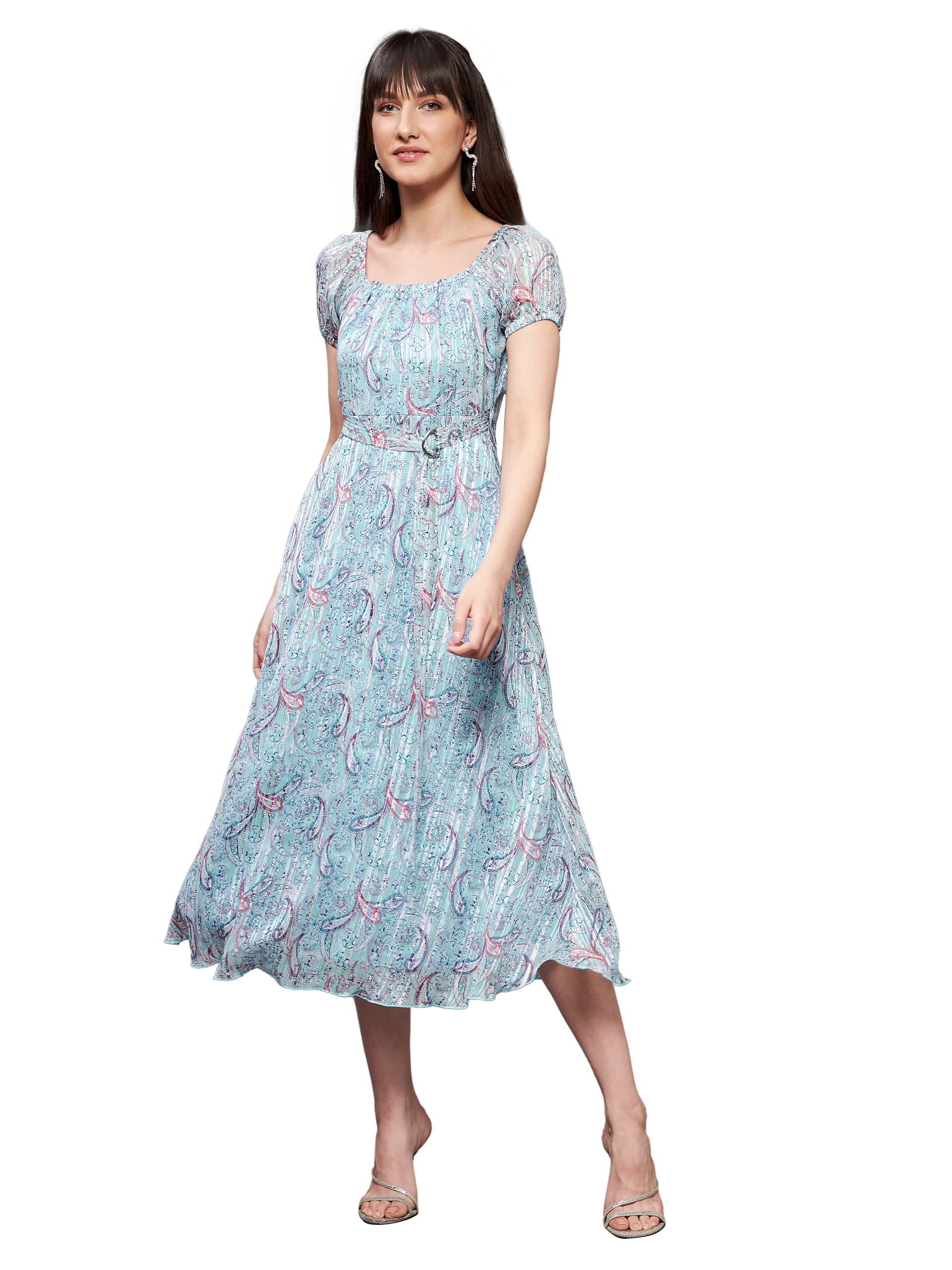 Miss Chase Women's Multicolored Base-Light Blue Square Neck Short Puff Sleeve Bohemian Fit & Flare Georgette Midi Dress (Mcss22D16-22-283-05, Blue, L)