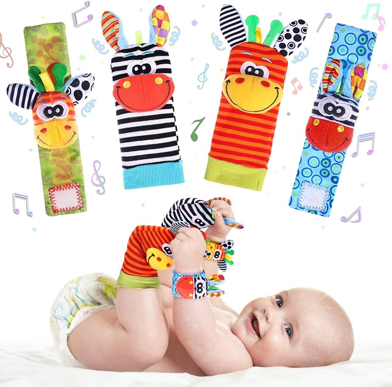 Wrist Rattle Foot Finder Socks Set for Baby Ankle Socks | Arm Hand Rattle Newborn Soft Sensory Toys Baby Feet Leg Socks Newborn Rattles Toys gift 0-3 6-12 Months Infant Girl Boy
